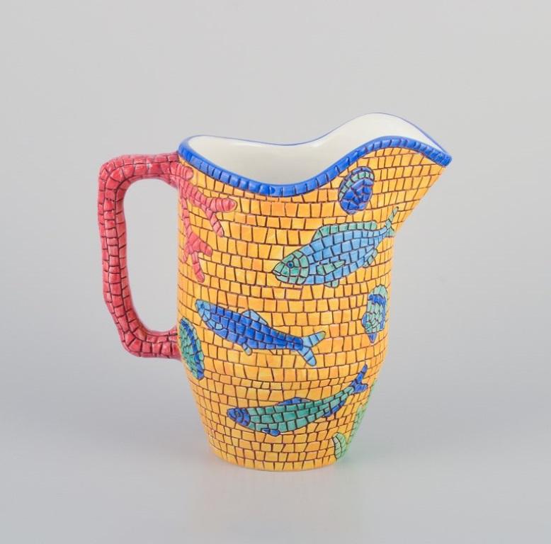 Glazed Vietri, Italy. Set of four large mugs and a large pitcher in ceramic.  For Sale