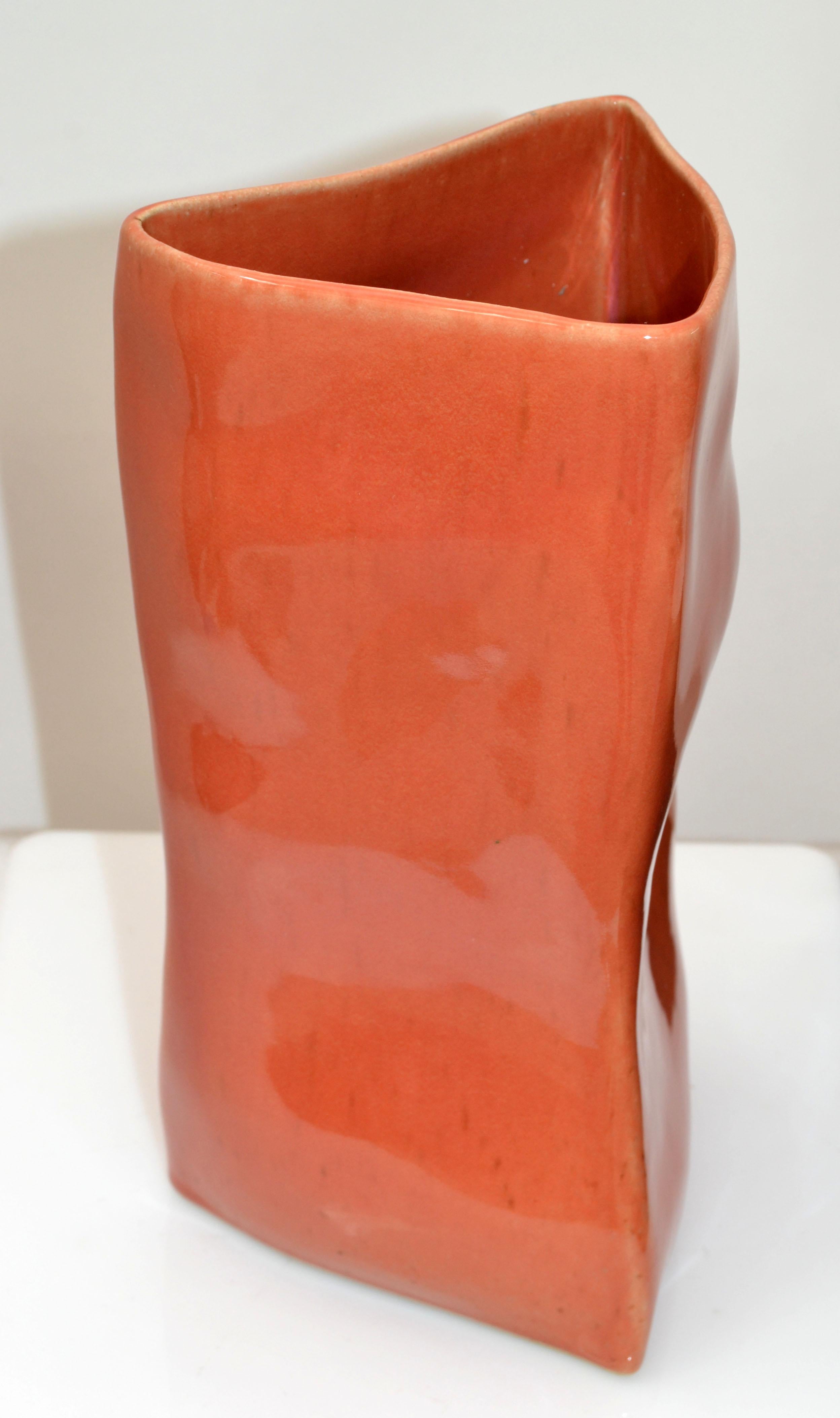 Vietri Triangle Geometric Glazed Ceramic Vase Apricot Italy Mid-Century Modern 7