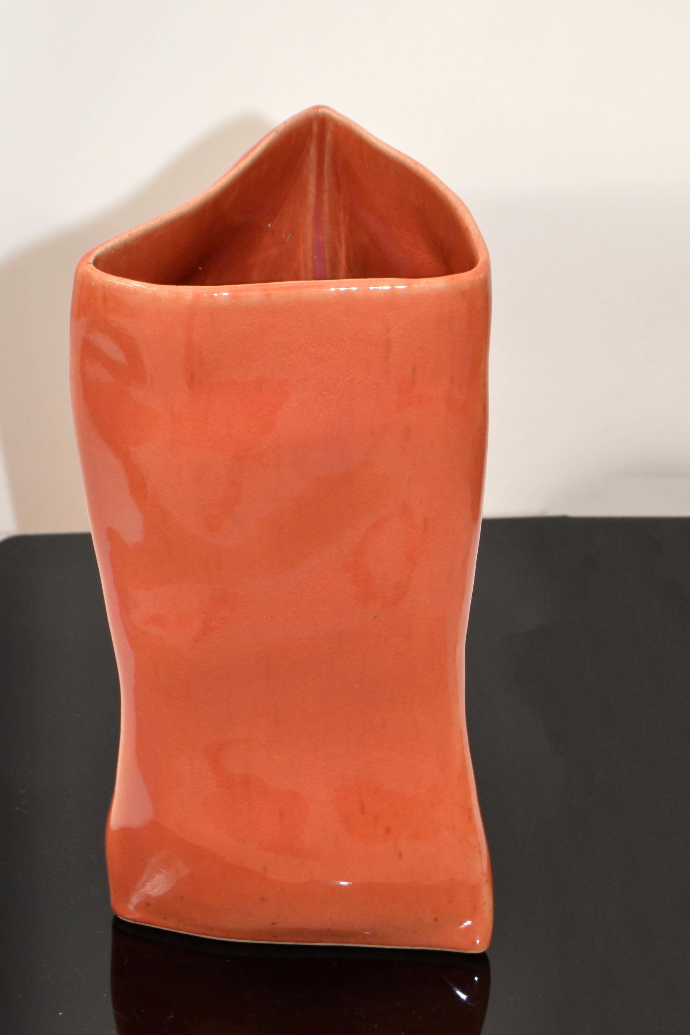 Italian Vietri Triangle Geometric Glazed Ceramic Vase Apricot Italy Mid-Century Modern