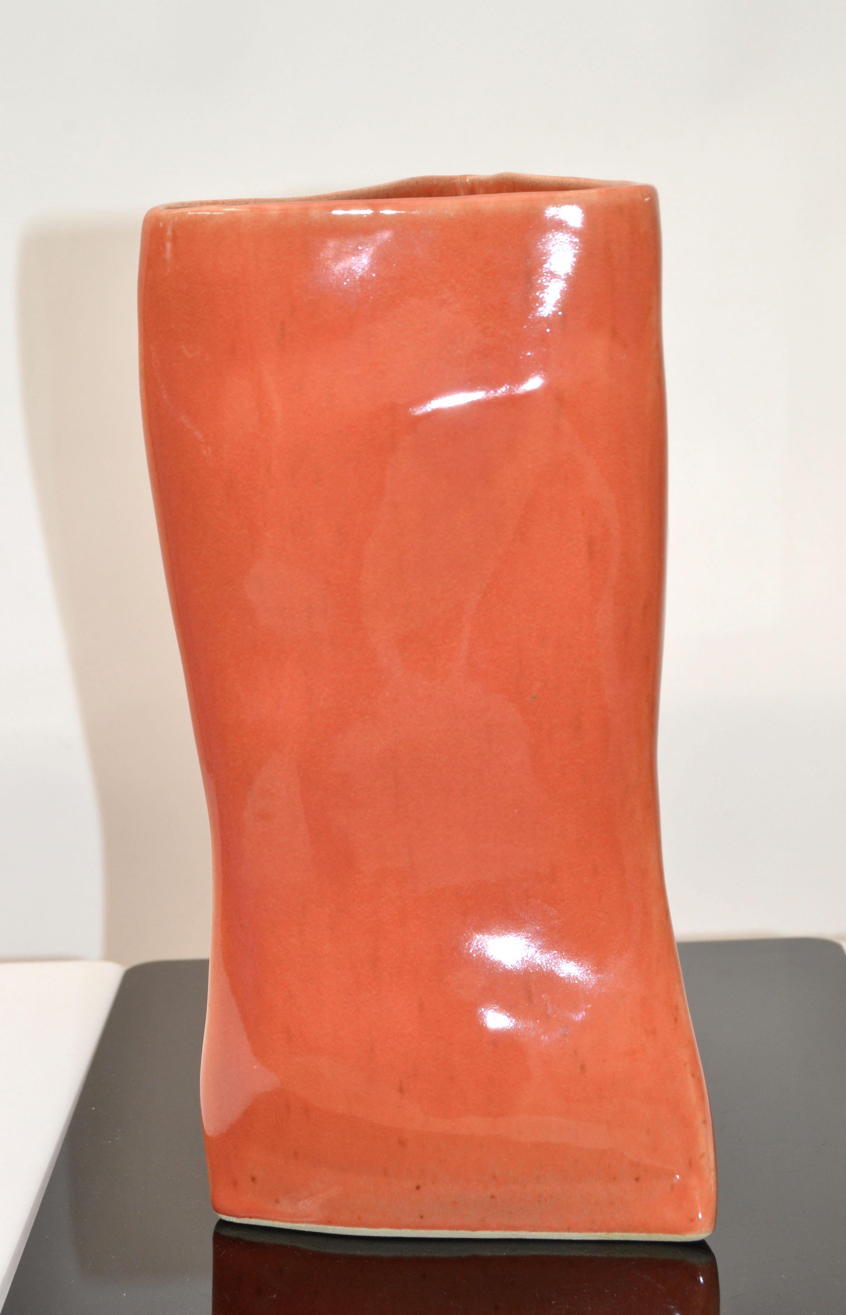 20th Century Vietri Triangle Geometric Glazed Ceramic Vase Apricot Italy Mid-Century Modern