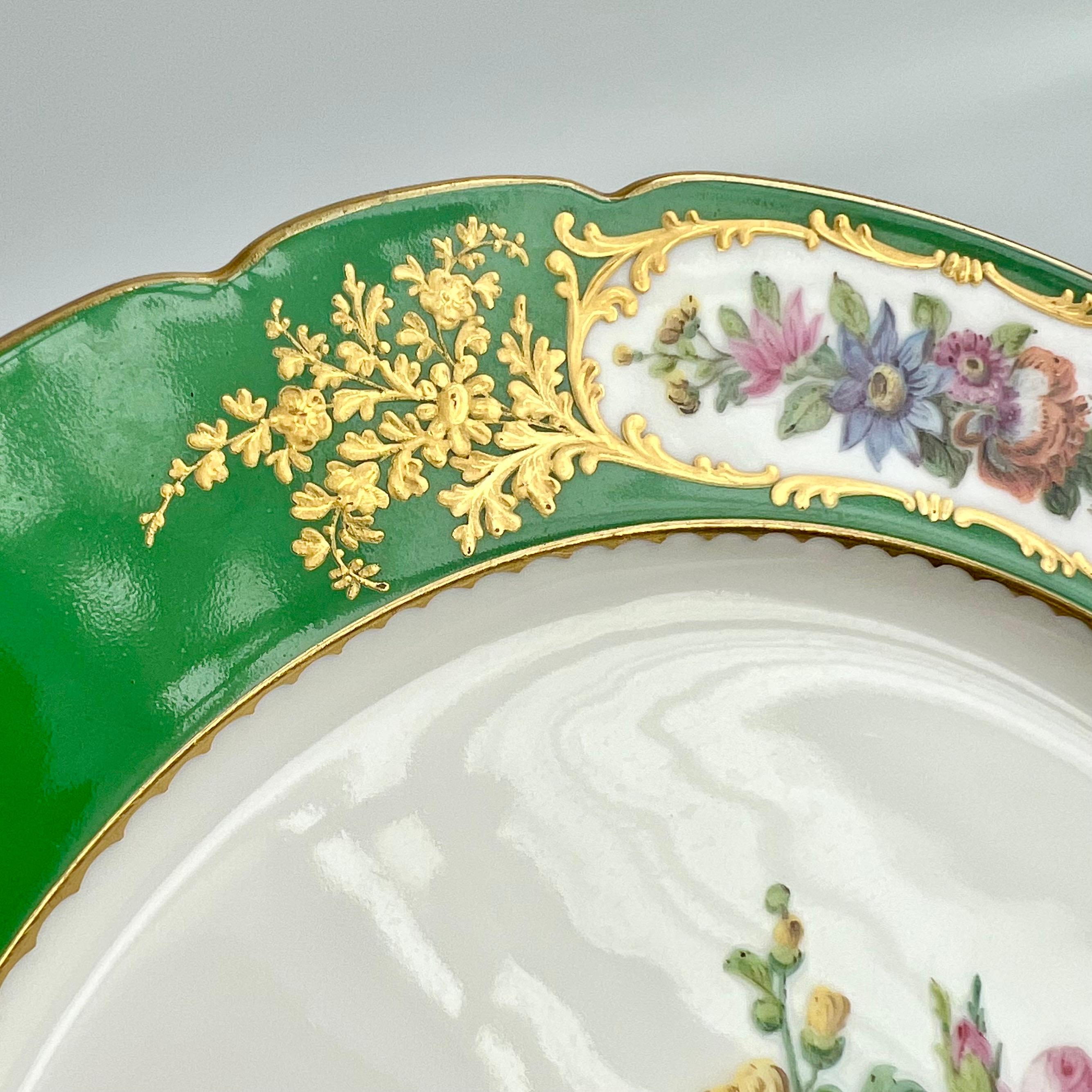 Restauration Vieux Paris Feuillet Set of 6 Plates, French Green, Gilt and Flowers, 1817-1834