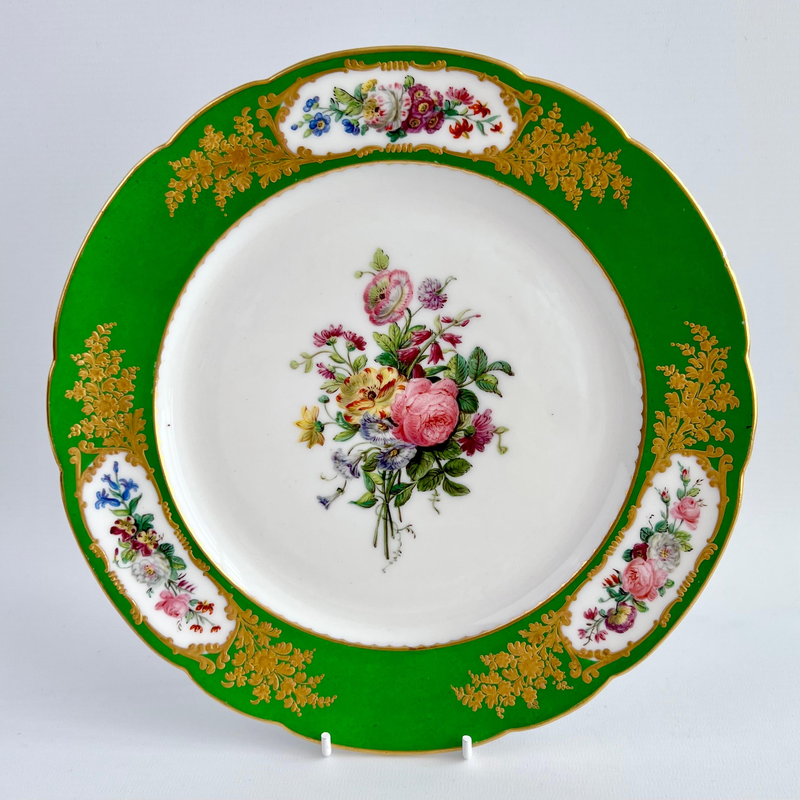 Mid-19th Century Vieux Paris Feuillet Set of 6 Plates, French Green, Gilt and Flowers, 1817-1834