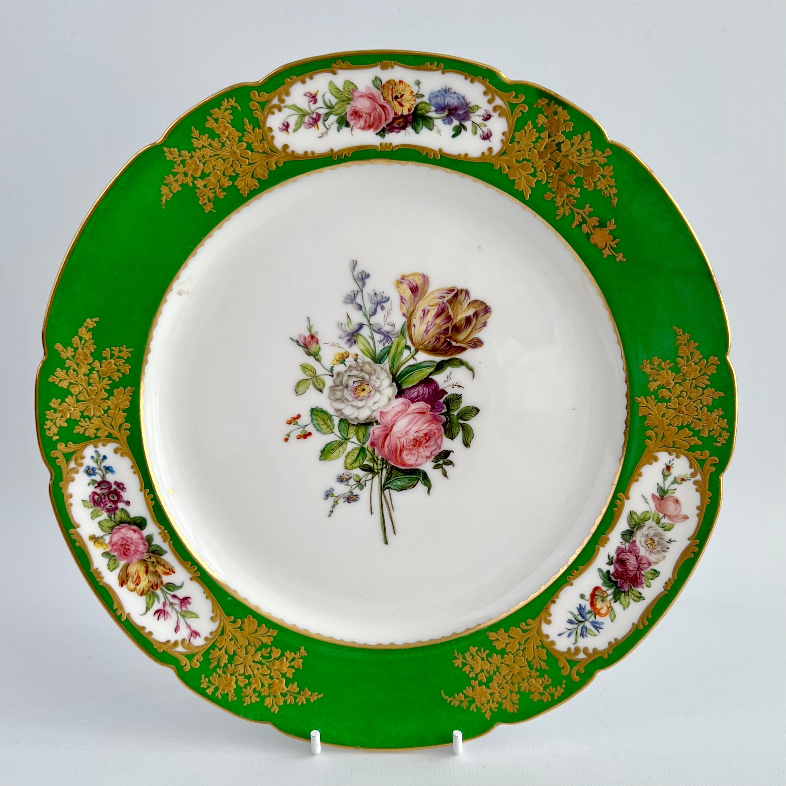 Porcelain Vieux Paris Feuillet Set of 6 Plates, French Green, Gilt and Flowers, 1817-1834