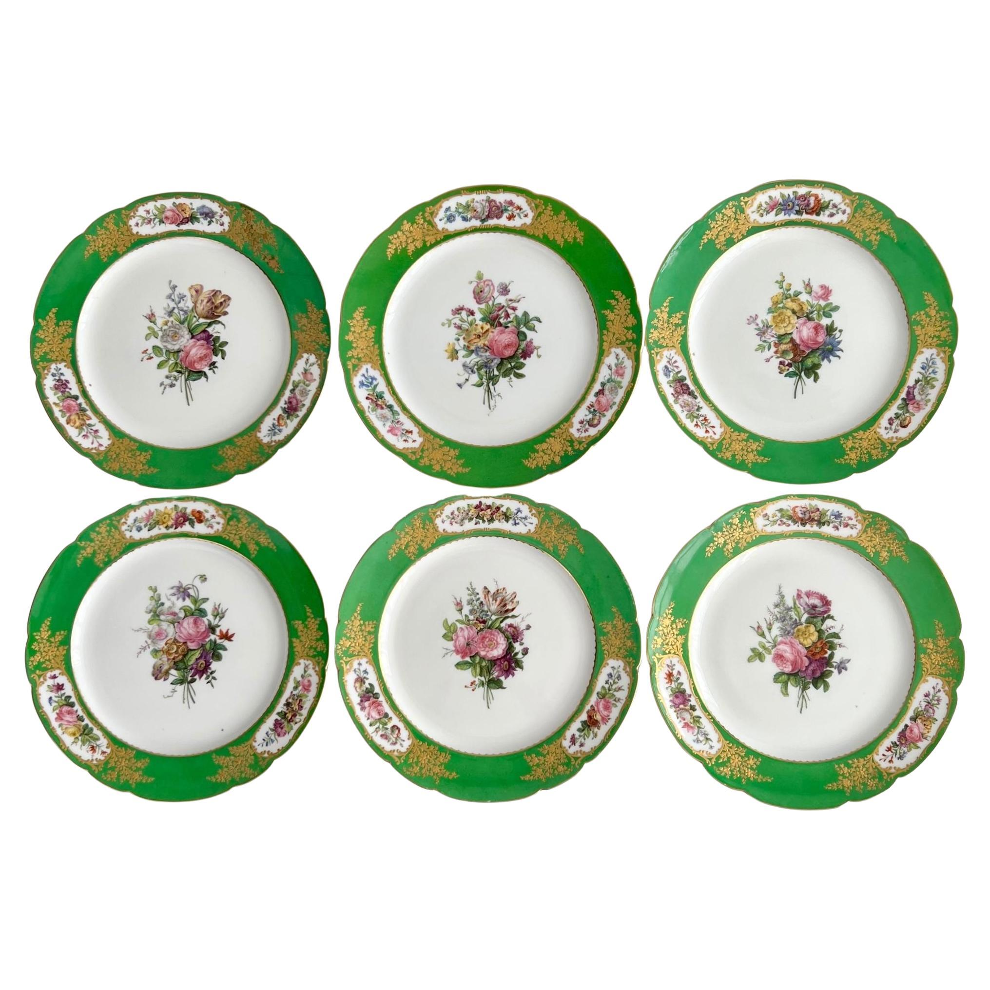 Vieux Paris Feuillet Set of 6 Plates, French Green, Gilt and Flowers, 1817-1834