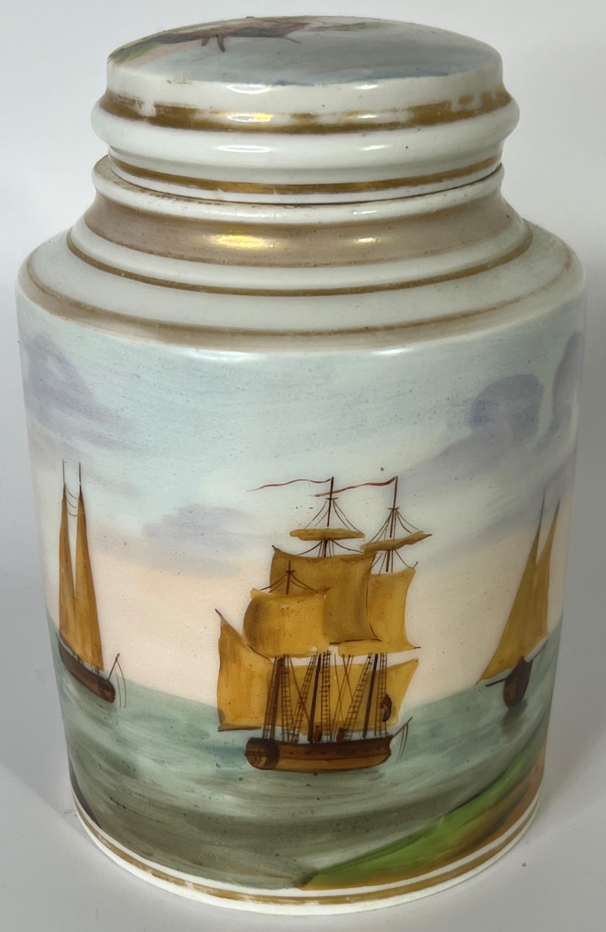This empire period Old Paris tea caddy, canister or jar from the 1830's is sure to delight. It was likely designed and sold as a tea canister, but a lidded jar can certainly serve many functions. The painted harbor scene is typical of those more