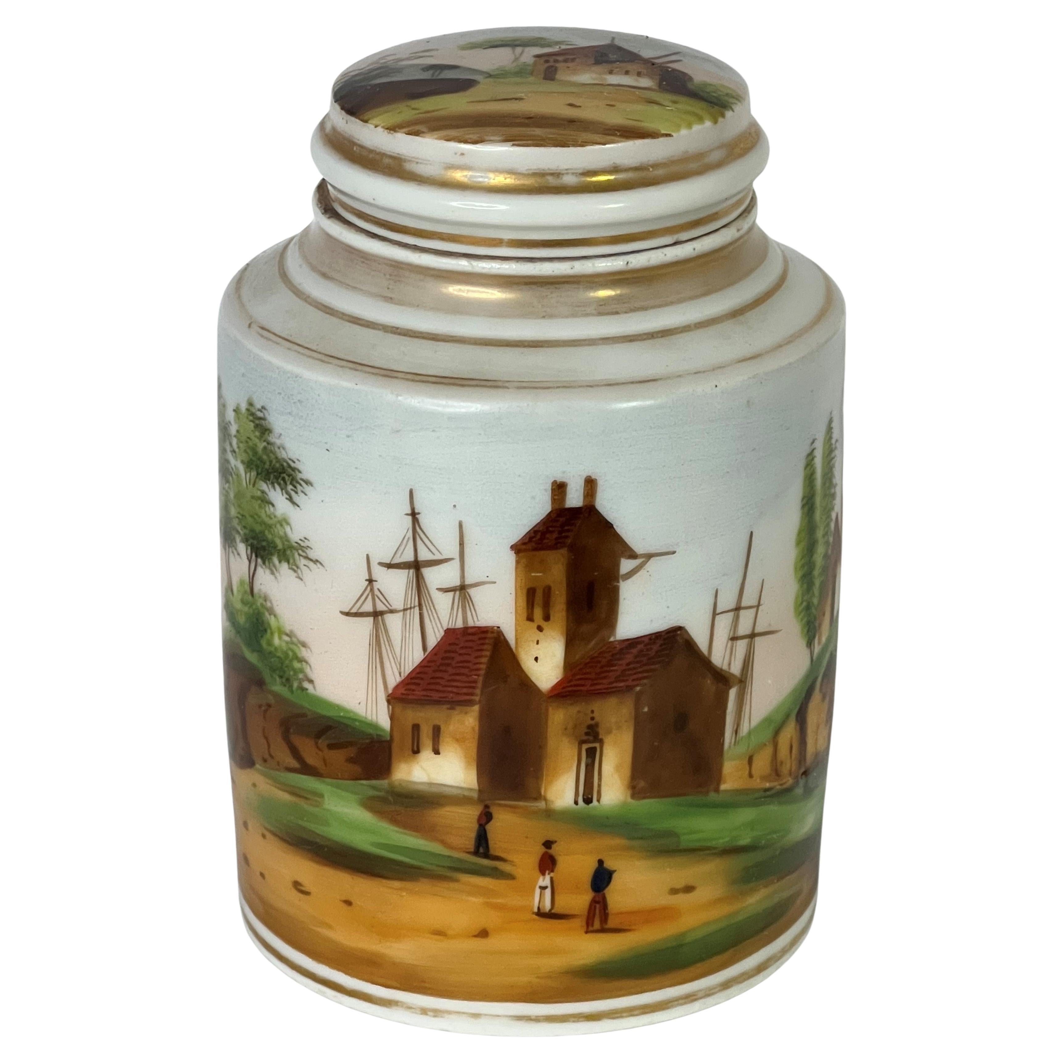 Boîte à thé ou pot d'apothicaire Vieux Paris « Old Paris » peint avec une scène de port