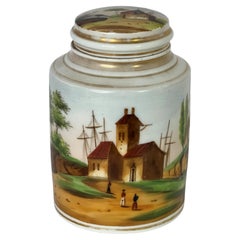 Antique Vieux Paris 'Old Paris' Tea Caddy or Apothocary Jar Painted with Harbor Scene