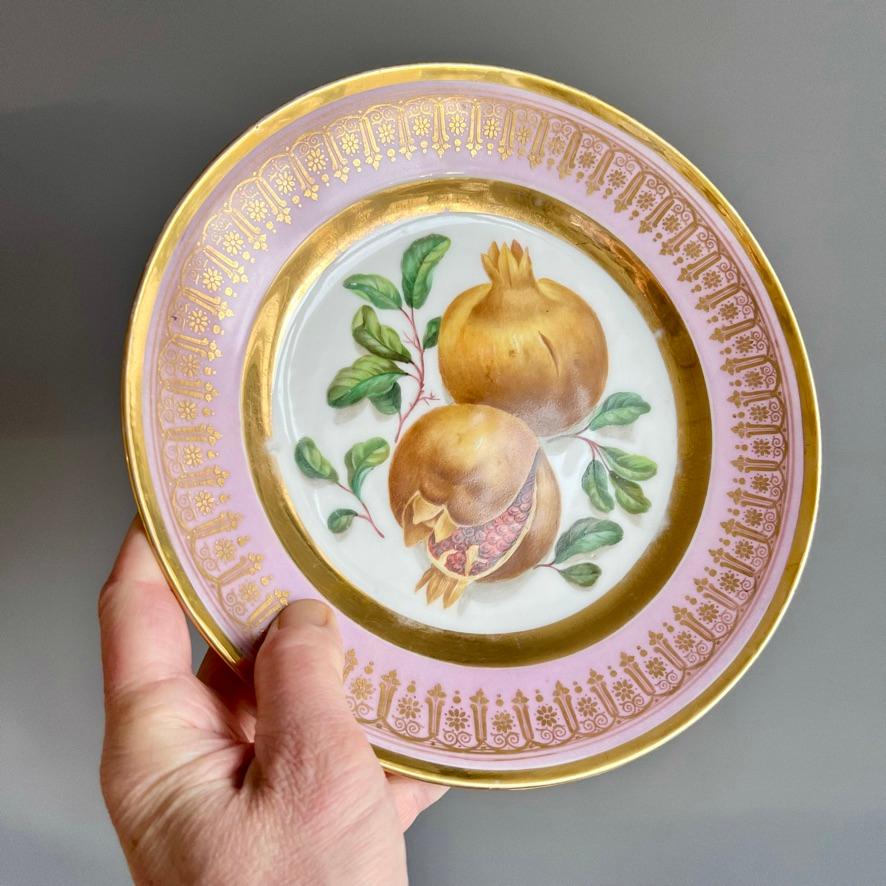 This is a stunning set of 6 plates made in Paris in about 1865. The plate have a soft mauve/purple rim with fine giltwork, and sublimely painted fruits in the centre.

There were many porcelain factories in 19th Century Paris, and just as many
