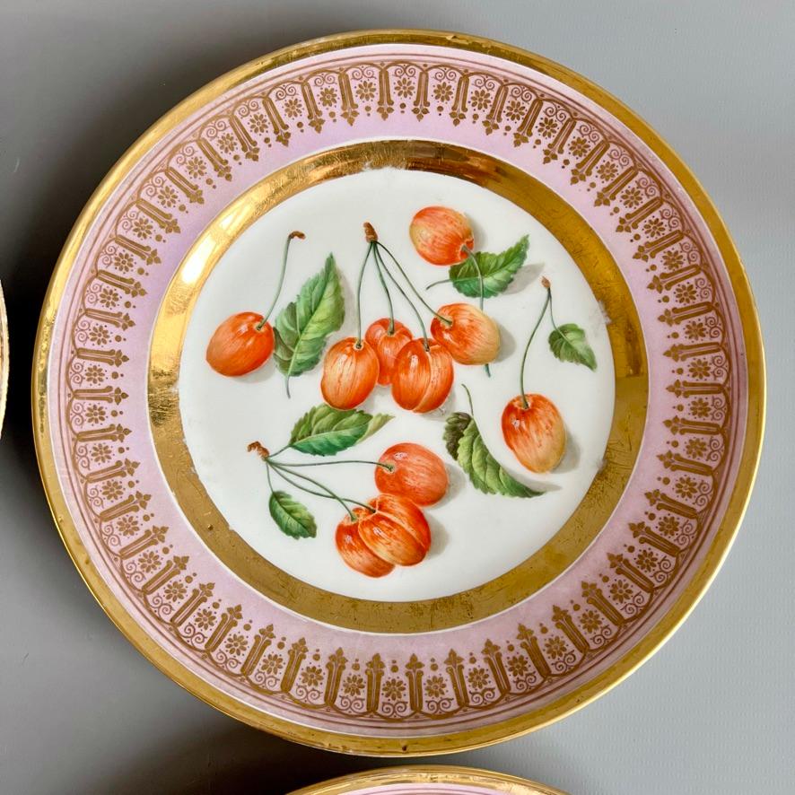 Empire Vieux Paris Porcelain Set of 6 Plates, Mauve, Gilt and Sublime Fruits, ca 1865