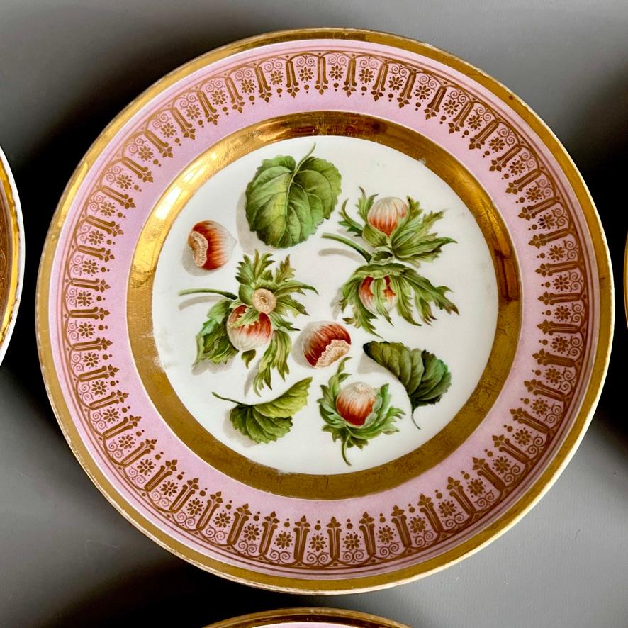 English Vieux Paris Porcelain Set of 6 Plates, Mauve, Gilt and Sublime Fruits, ca 1865
