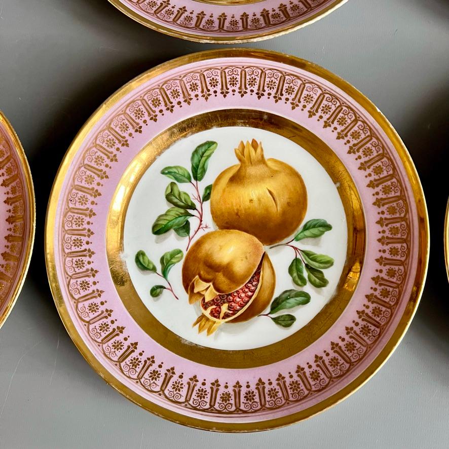 Vieux Paris Porcelain Set of 6 Plates, Mauve, Gilt and Sublime Fruits, ca 1865 1