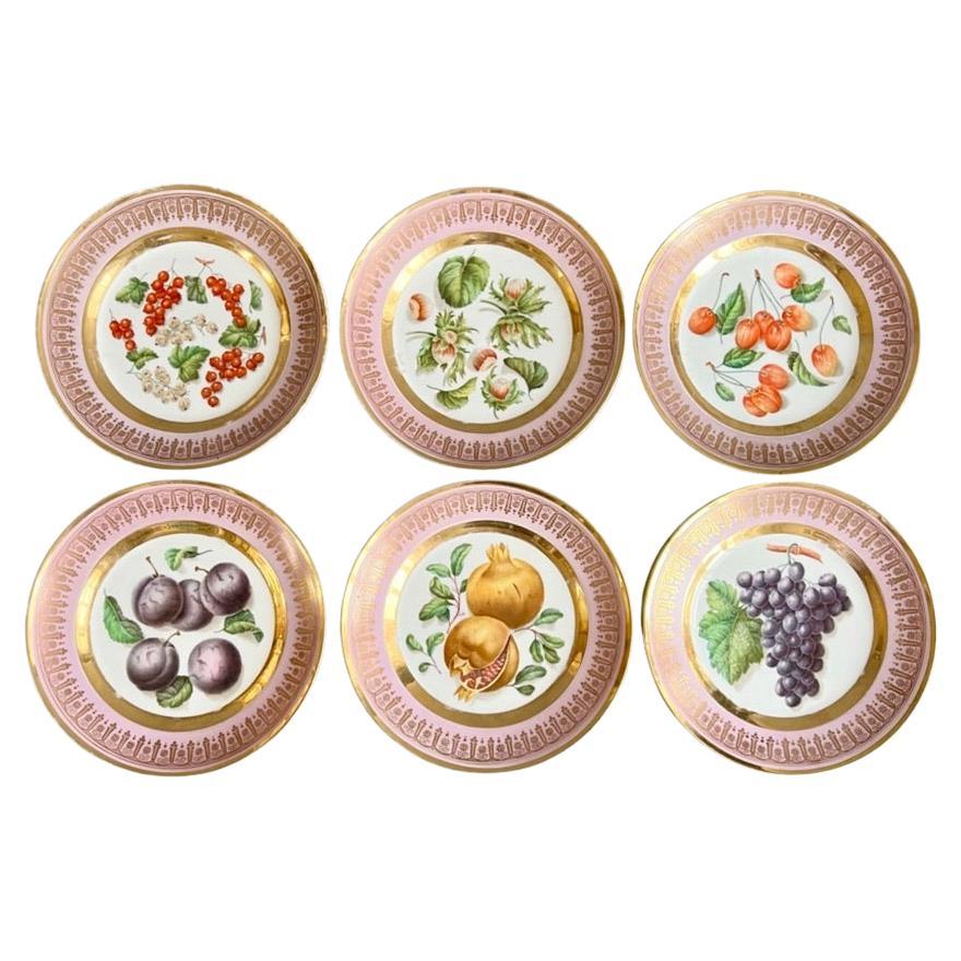 Vieux Paris Porcelain Set of 6 Plates, Mauve, Gilt and Sublime Fruits, ca 1865 For Sale