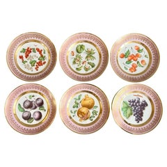Vieux Paris Porcelain Set of 6 Plates, Mauve, Gilt and Sublime Fruits, ca 1865