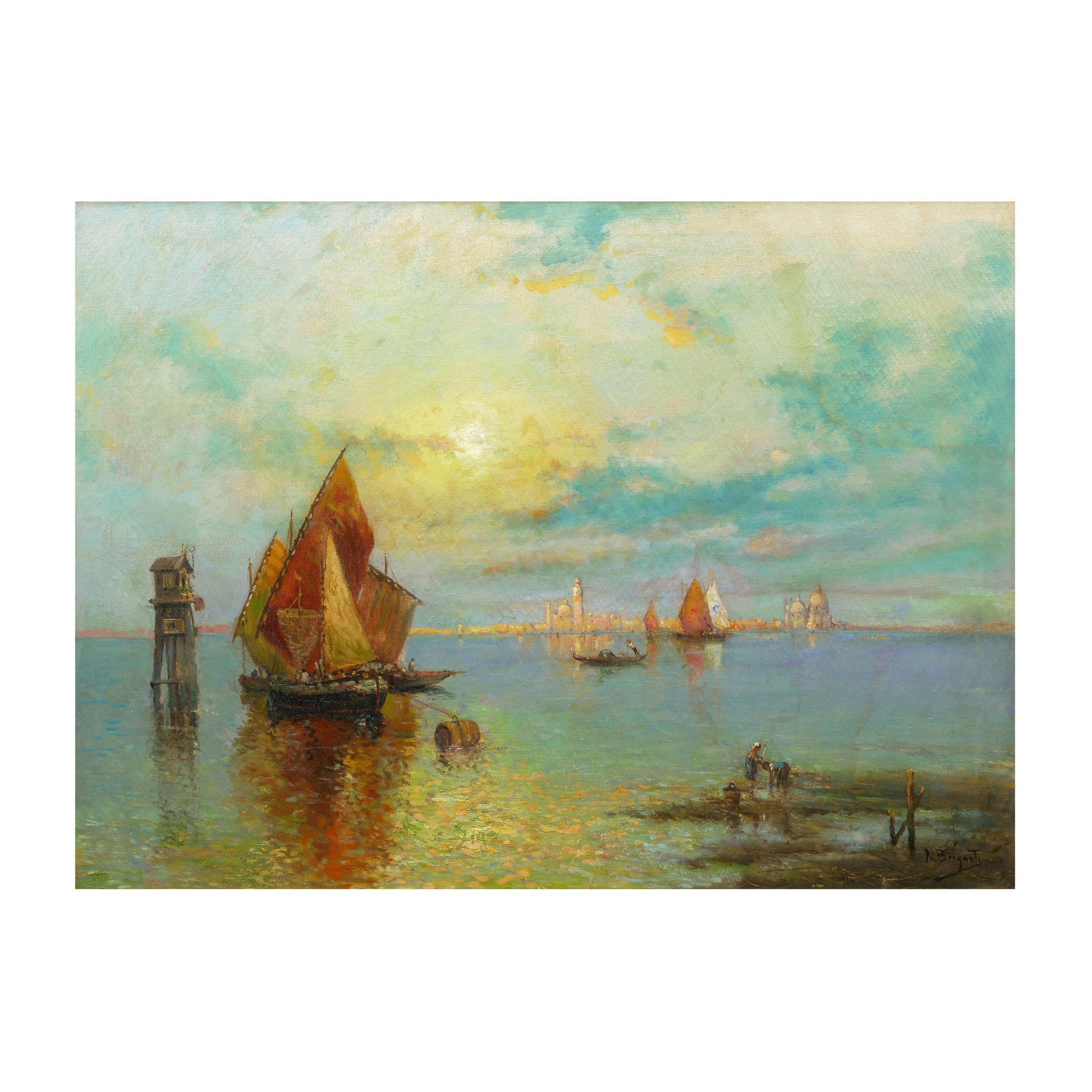 A large and fine luminist scene that captures a view of San Marco from across the lagoon in Venice while two local figures collect clams in the shallow waters, it is a delightful glimpse of a timeless location in the past. The golden hues of the