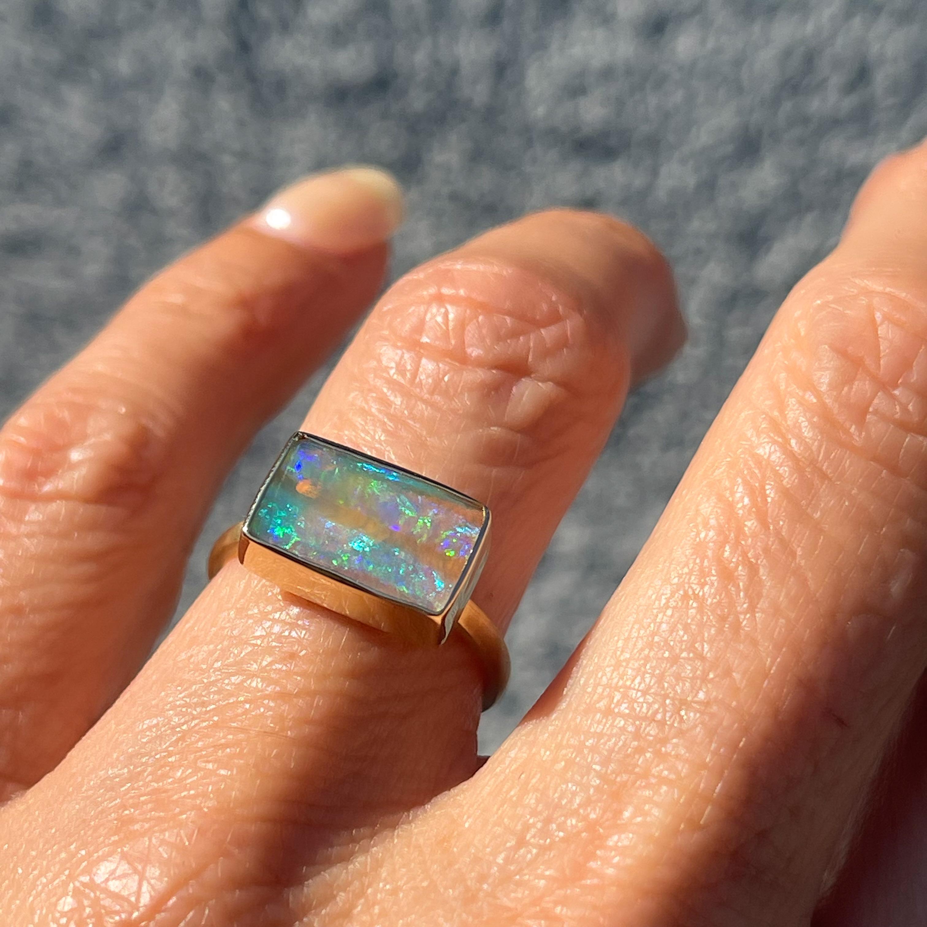 View from a Rainbow Australian Opal Ring in 14k Gold by NIXIN Jewelry For Sale 1