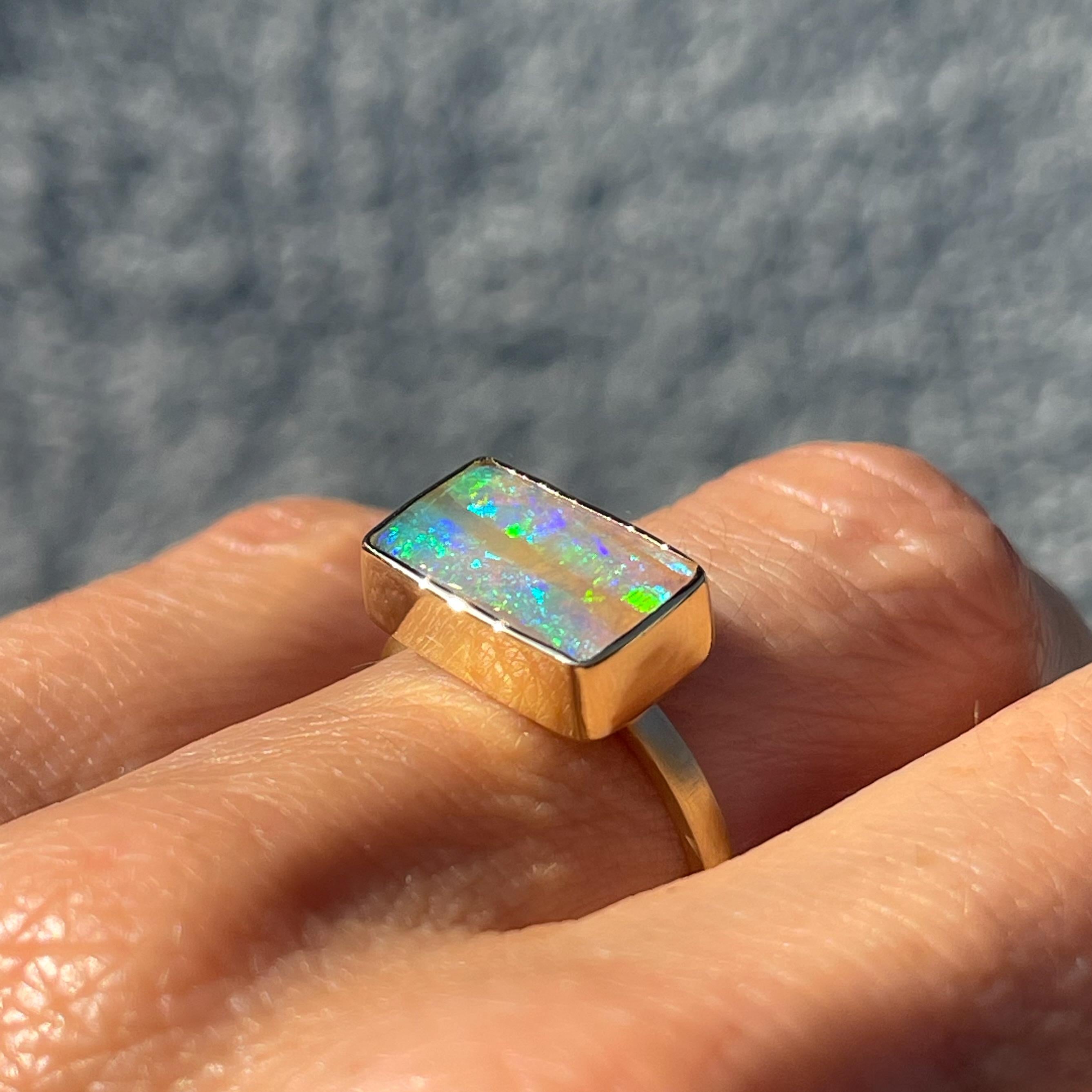 View from a Rainbow Australian Opal Ring in 14k Gold by NIXIN Jewelry For Sale 2