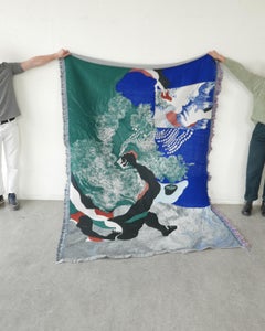 Contemporary woven wall tapestry depicting "View from the Bed"