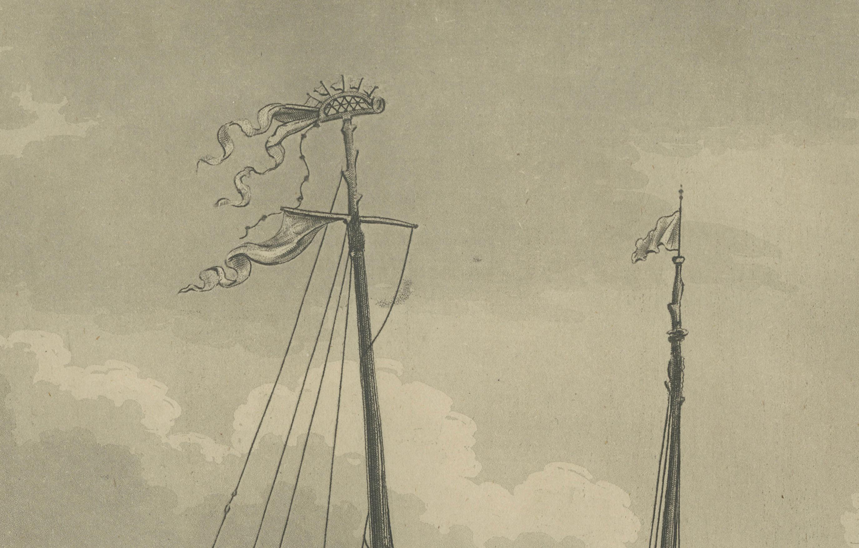 Vue d'une jonque chinoise - Gravure maritime ancienne, publiée en 1802

Cette gravure ancienne, publiée en 1802, offre une représentation finement rendue d'un navire chinois traditionnel connu sous le nom de jonque. La scène présente le navire au