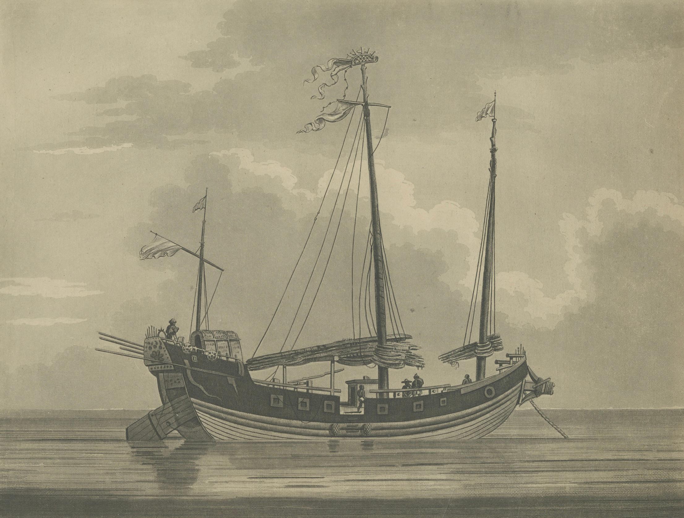 Vue d'une jonque chinoise - Gravure maritime ancienne, publiée en 1802 Bon état - En vente à Langweer, NL