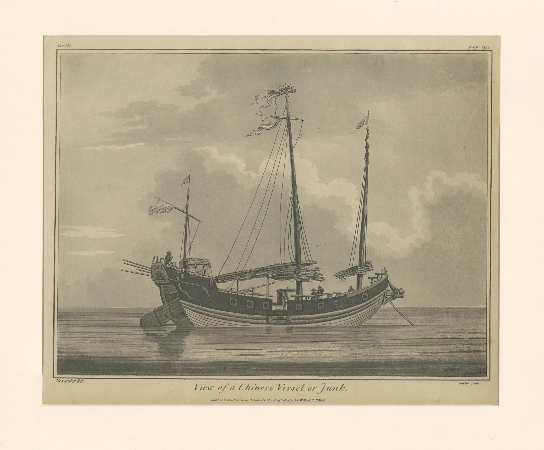 XIXe siècle Vue d'une jonque chinoise - Gravure maritime ancienne, publiée en 1802 en vente