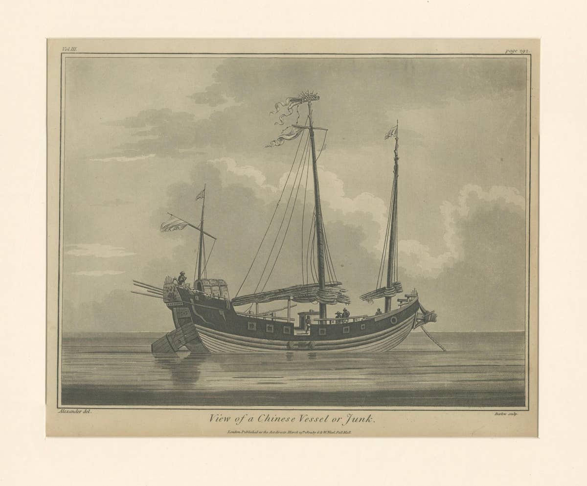View of a Chinese Junk – Antique Maritime Engraving, Published 1802