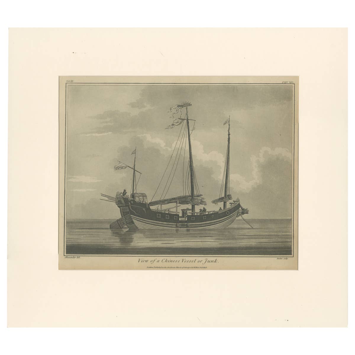View of a Chinese Junk – Antique Maritime Engraving, Published 1802