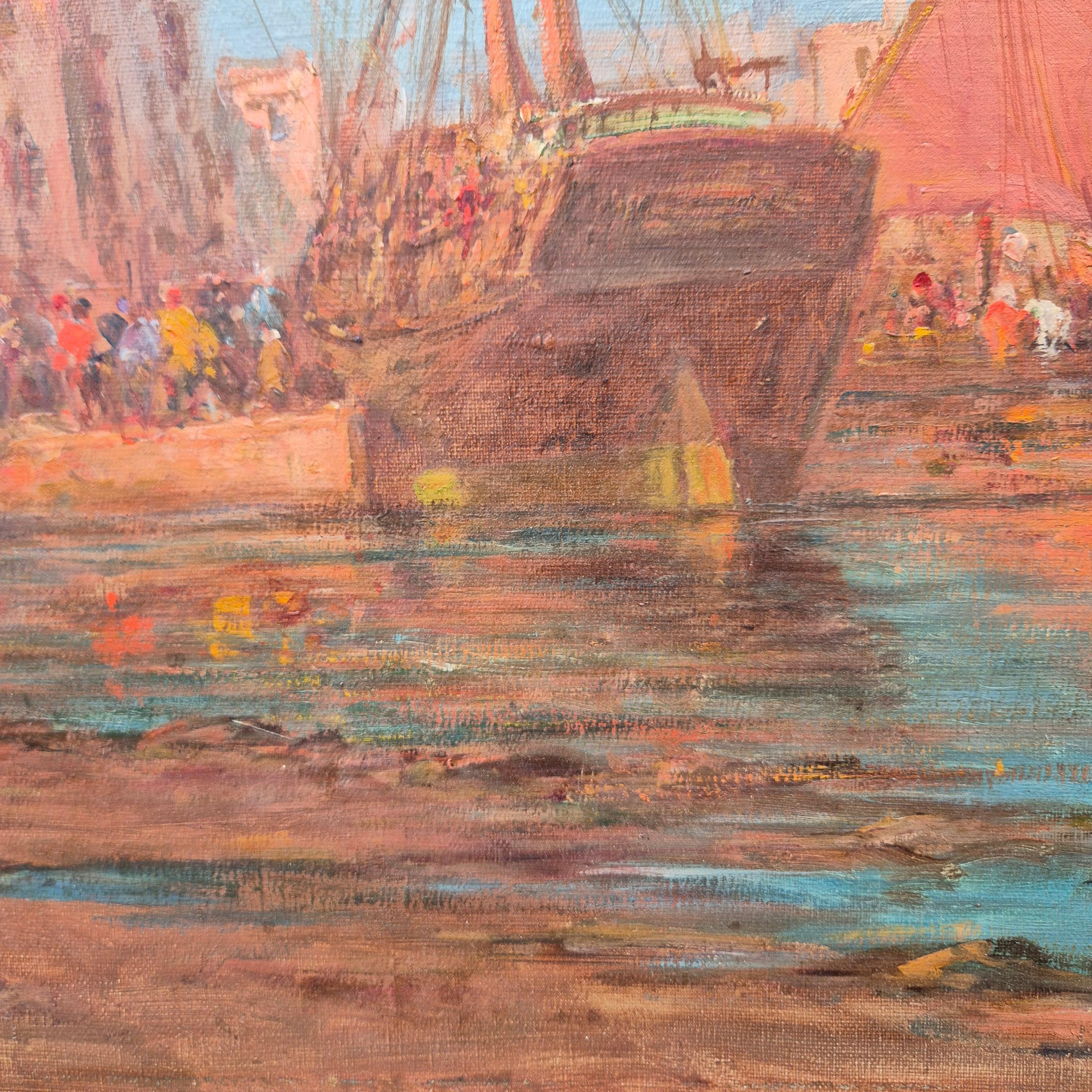 Ansicht eines Mittelmeerhafens, Öl auf Leinwand, signiert von Malfroy-Savigny, 1930 im Angebot 3