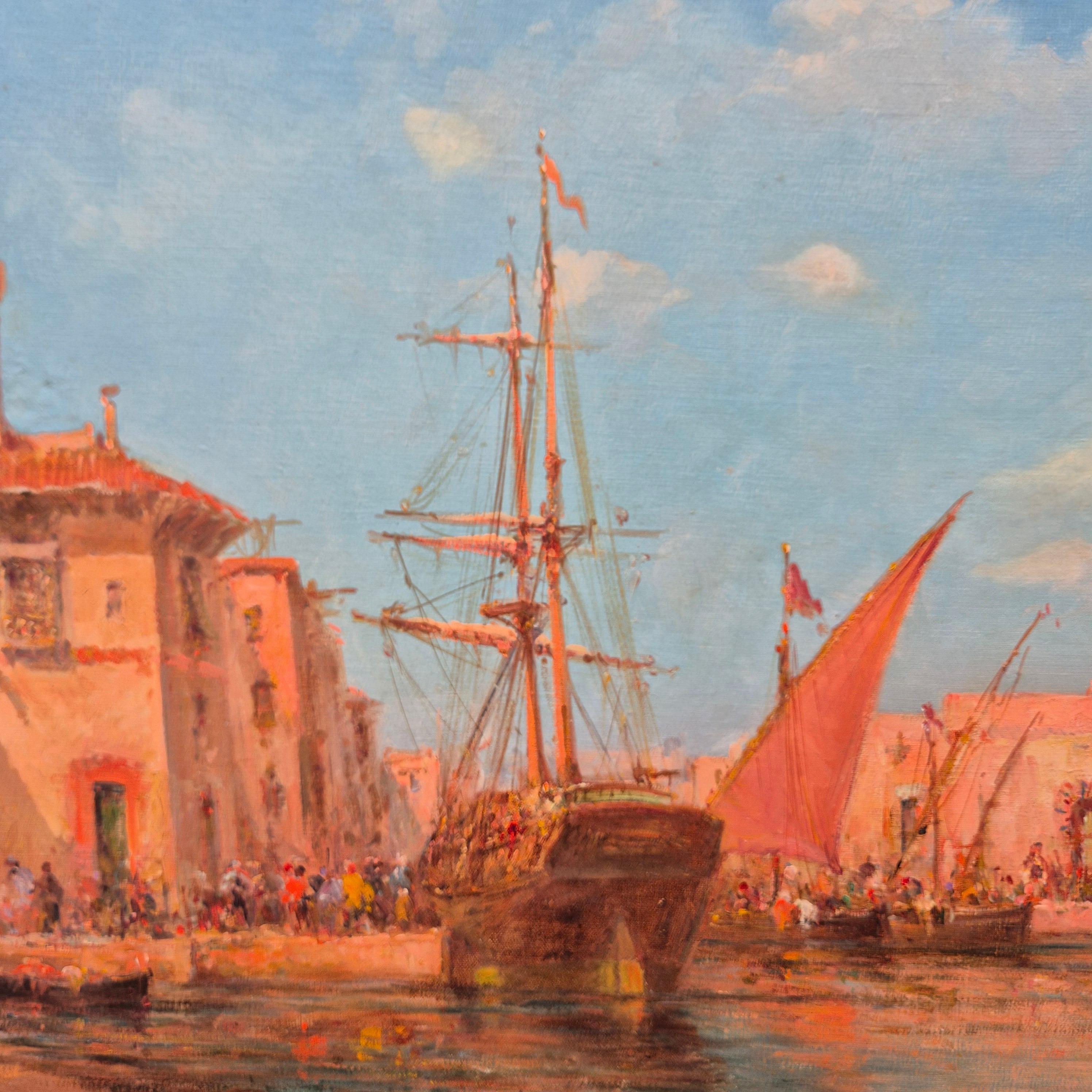 Ansicht eines Mittelmeerhafens, Öl auf Leinwand, signiert von Malfroy-Savigny, 1930 im Angebot 4