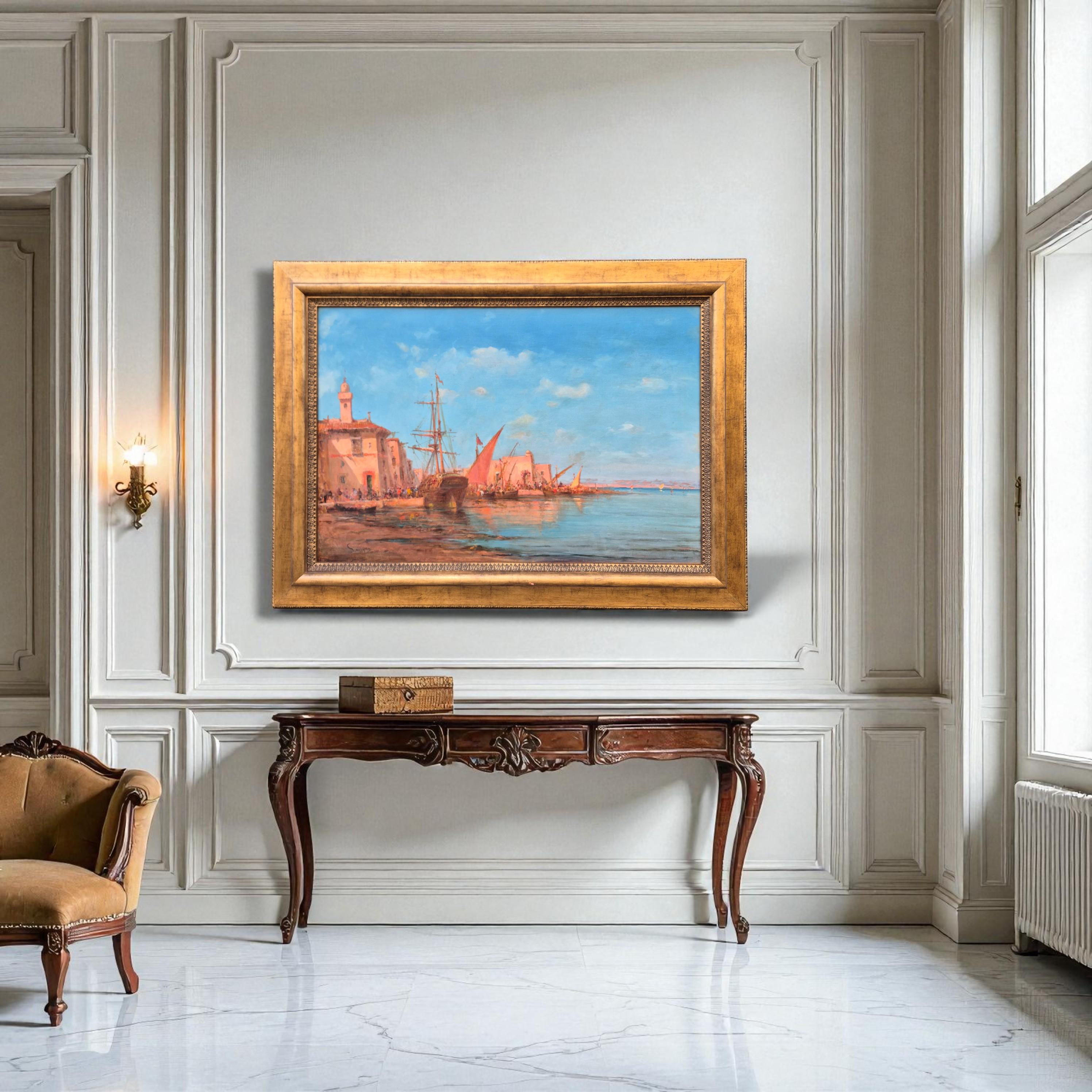 Ein hervorragendes Öl auf Leinwand, das eine lebhafte Hafenszene zeigt, die in das warme Licht getaucht ist, das so charakteristisch für Henri Malfroy-Savigny ist, den berühmten postimpressionistischen Maler, der für seine Seestücke und Ansichten