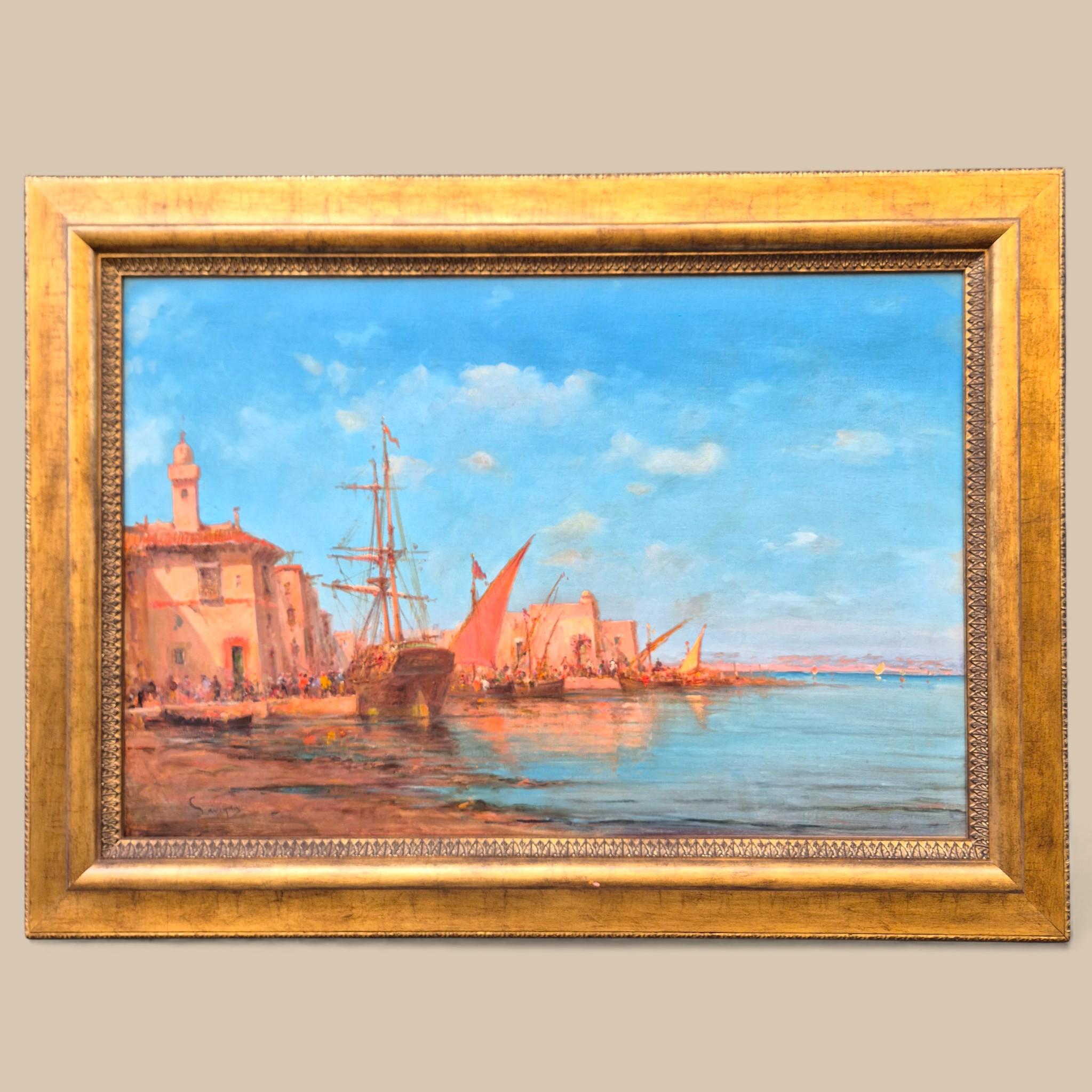 Ansicht eines Mittelmeerhafens, Öl auf Leinwand, signiert von Malfroy-Savigny, 1930 (Beaux Arts) im Angebot