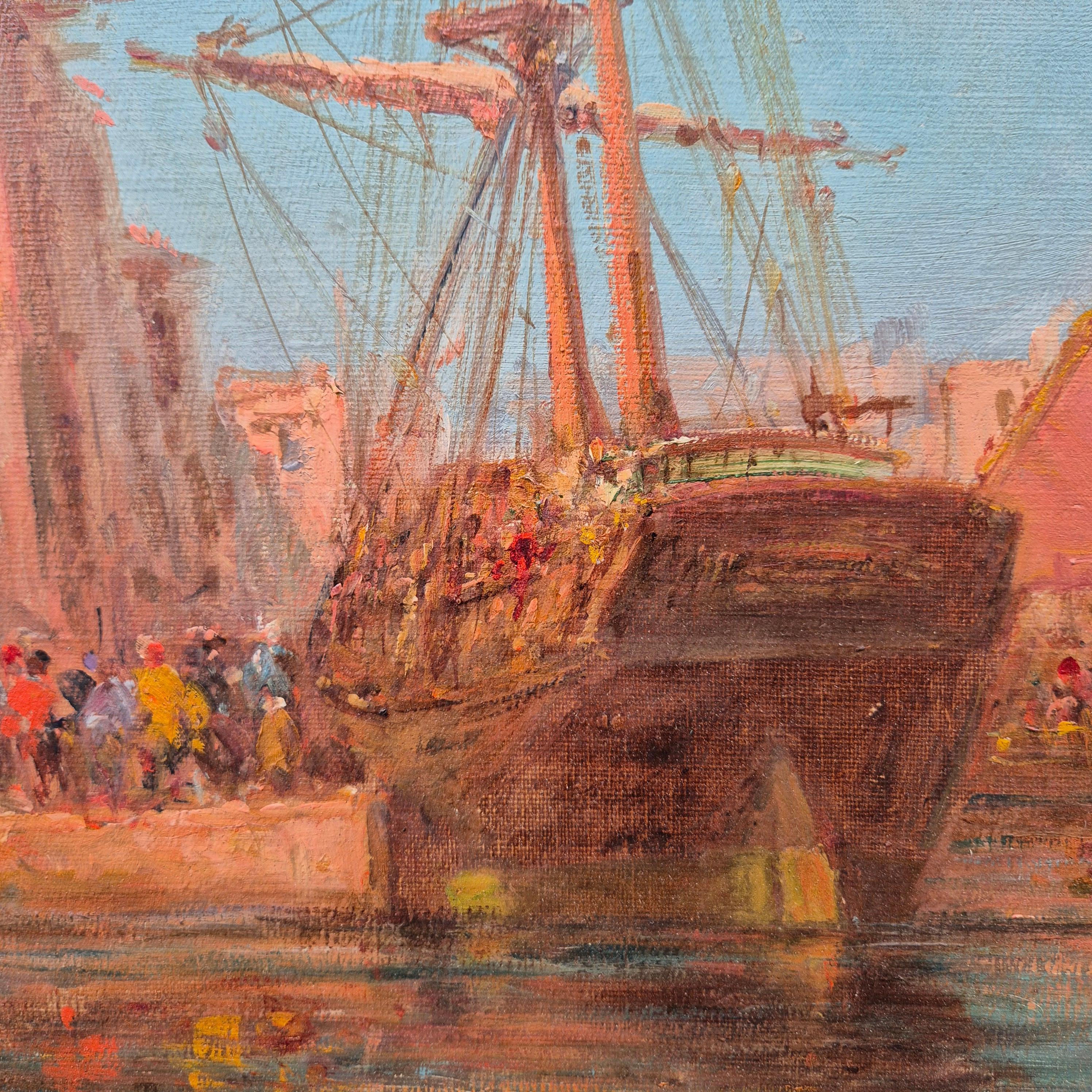 Ansicht eines Mittelmeerhafens, Öl auf Leinwand, signiert von Malfroy-Savigny, 1930 (Frühes 20. Jahrhundert) im Angebot