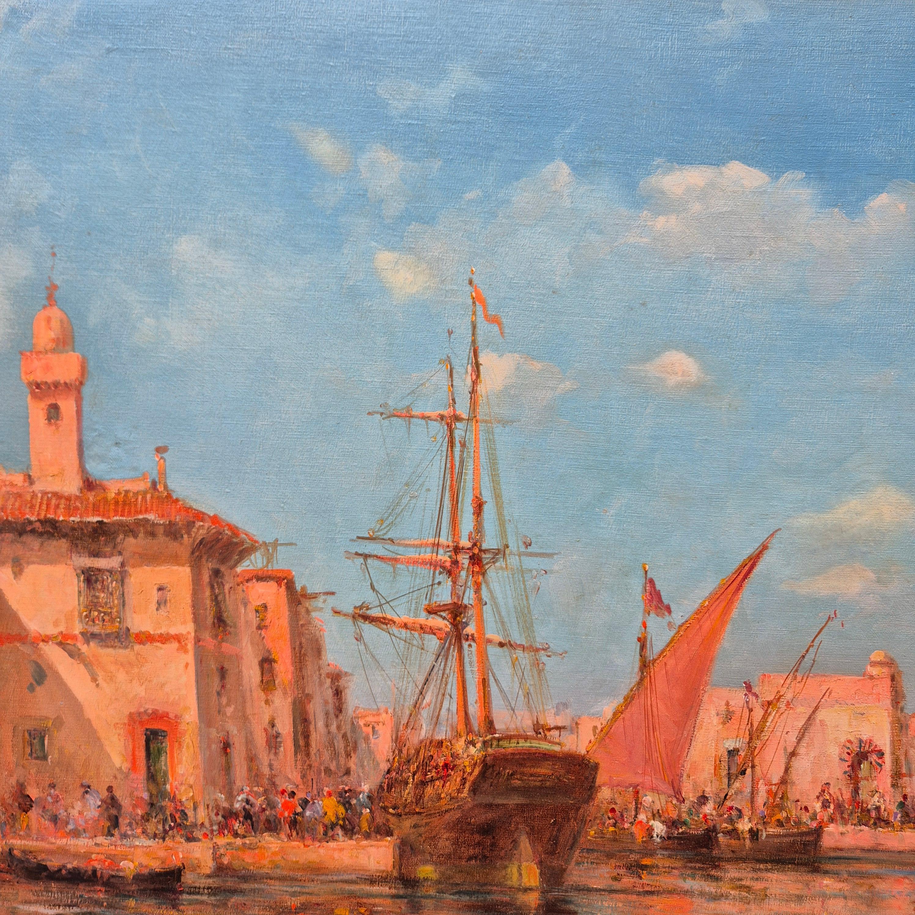 Ansicht eines Mittelmeerhafens, Öl auf Leinwand, signiert von Malfroy-Savigny, 1930 im Angebot 1