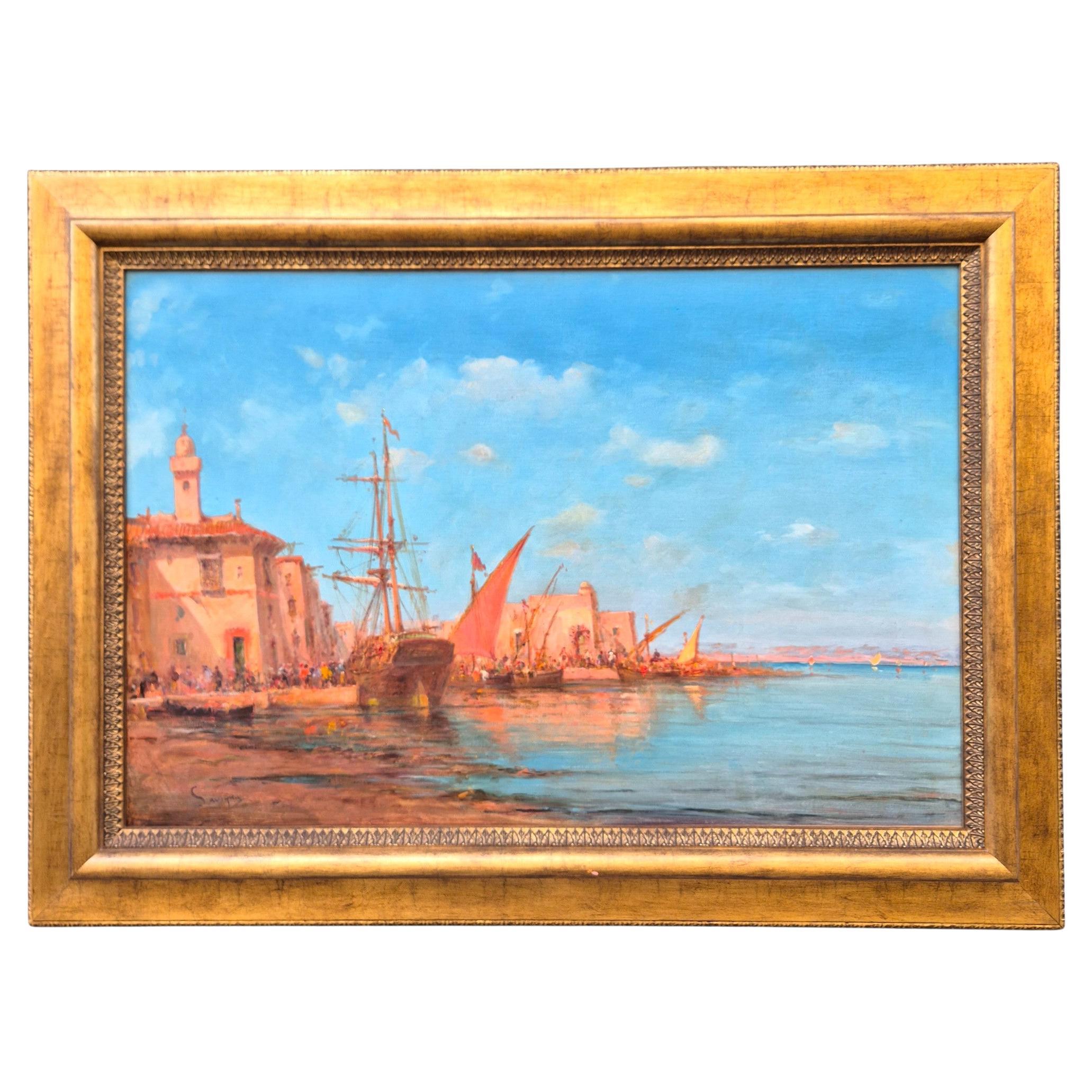 Ansicht eines Mittelmeerhafens, Öl auf Leinwand, signiert von Malfroy-Savigny, 1930