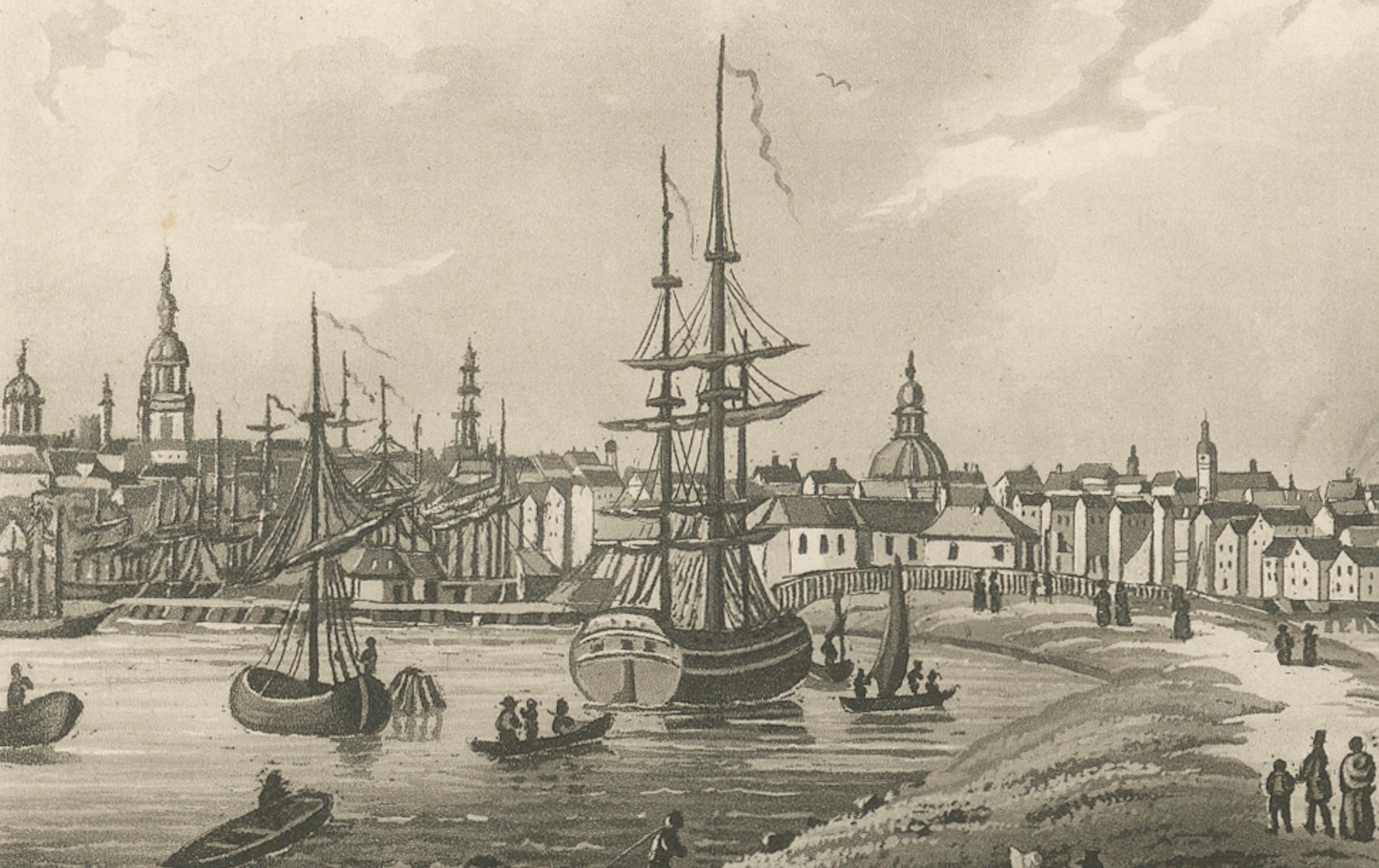 Vue d'Amsterdam depuis l'eau avec des voiliers, Baedeker, vers 1850 Bon état - En vente à Langweer, NL