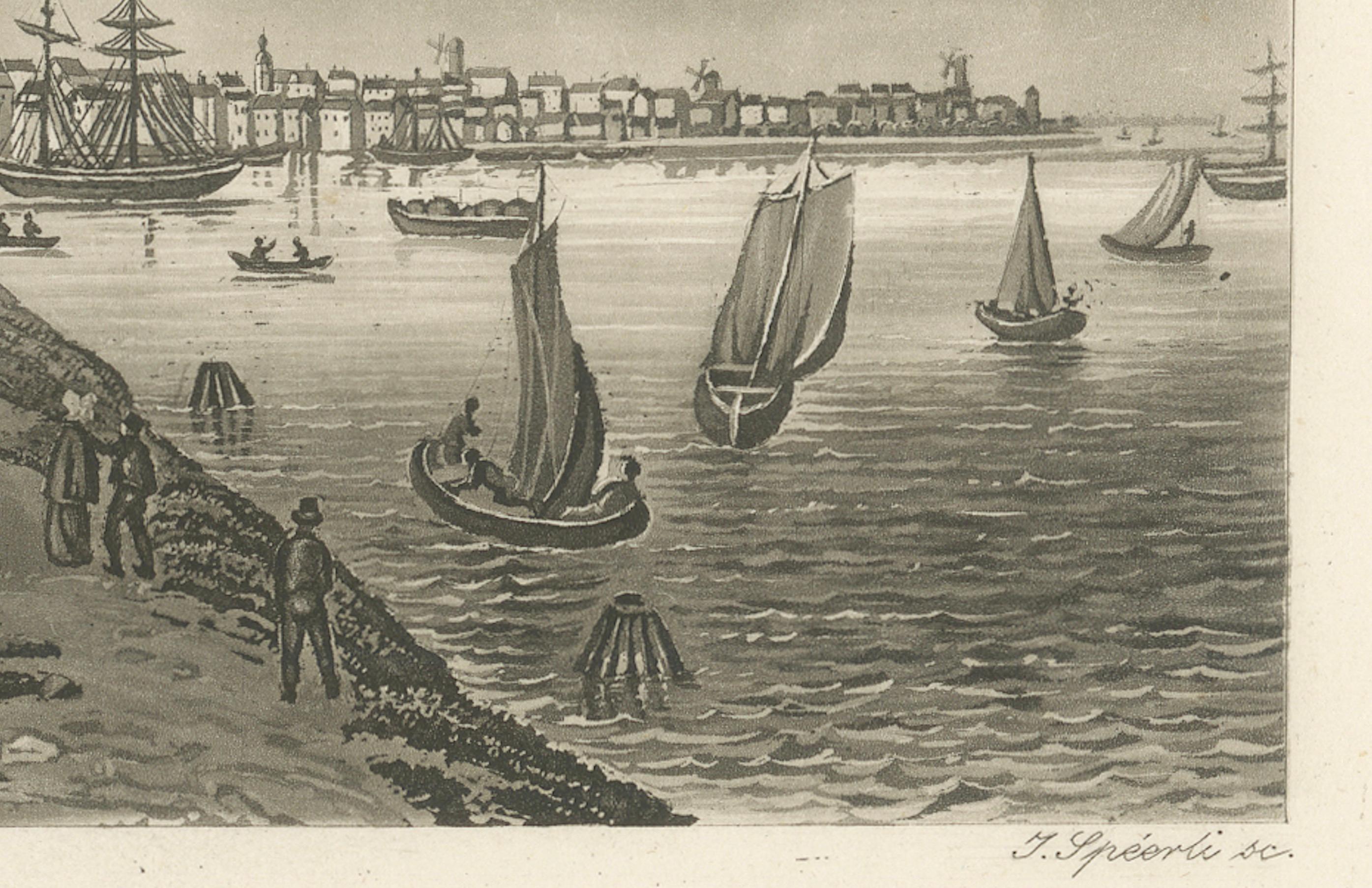 Milieu du XIXe siècle Vue d'Amsterdam depuis l'eau avec des voiliers, Baedeker, vers 1850 en vente