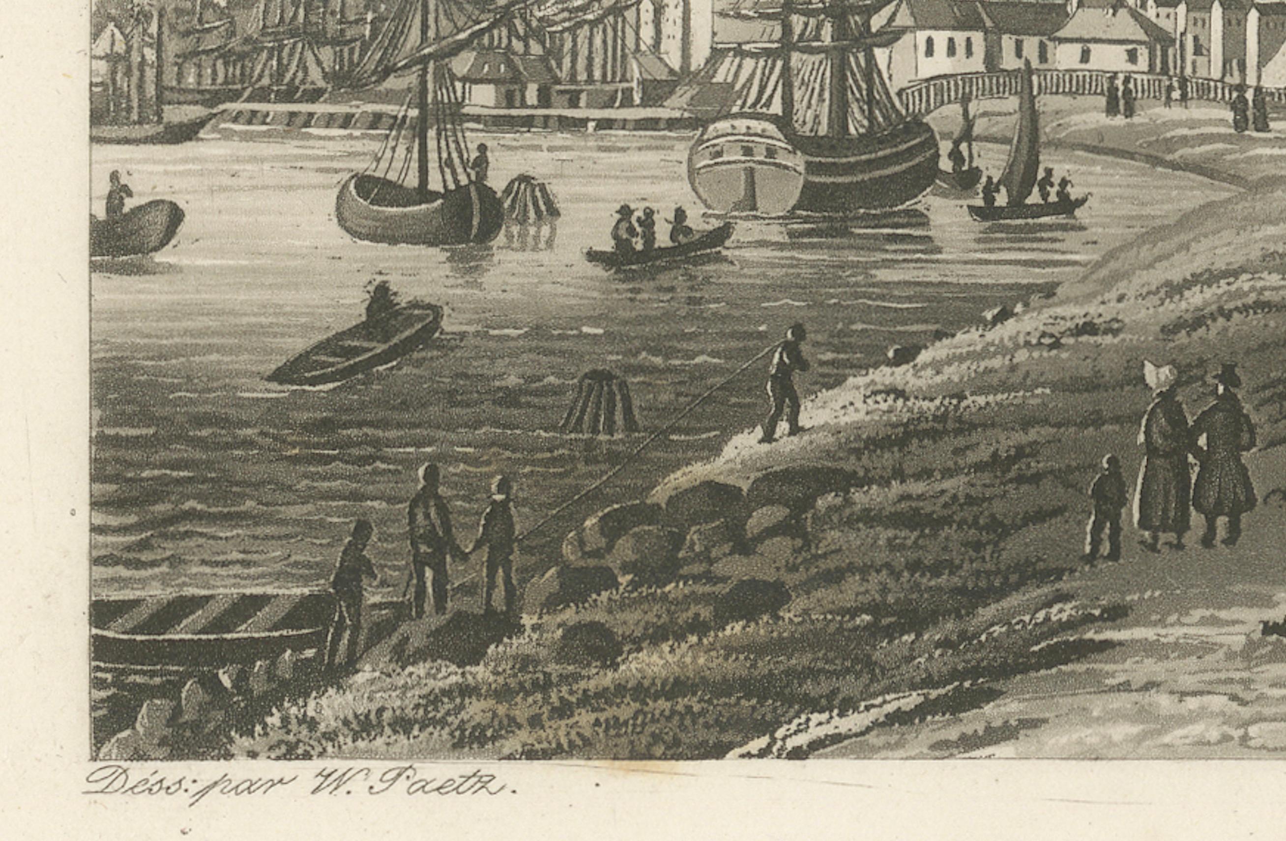 Papier Vue d'Amsterdam depuis l'eau avec des voiliers, Baedeker, vers 1850 en vente