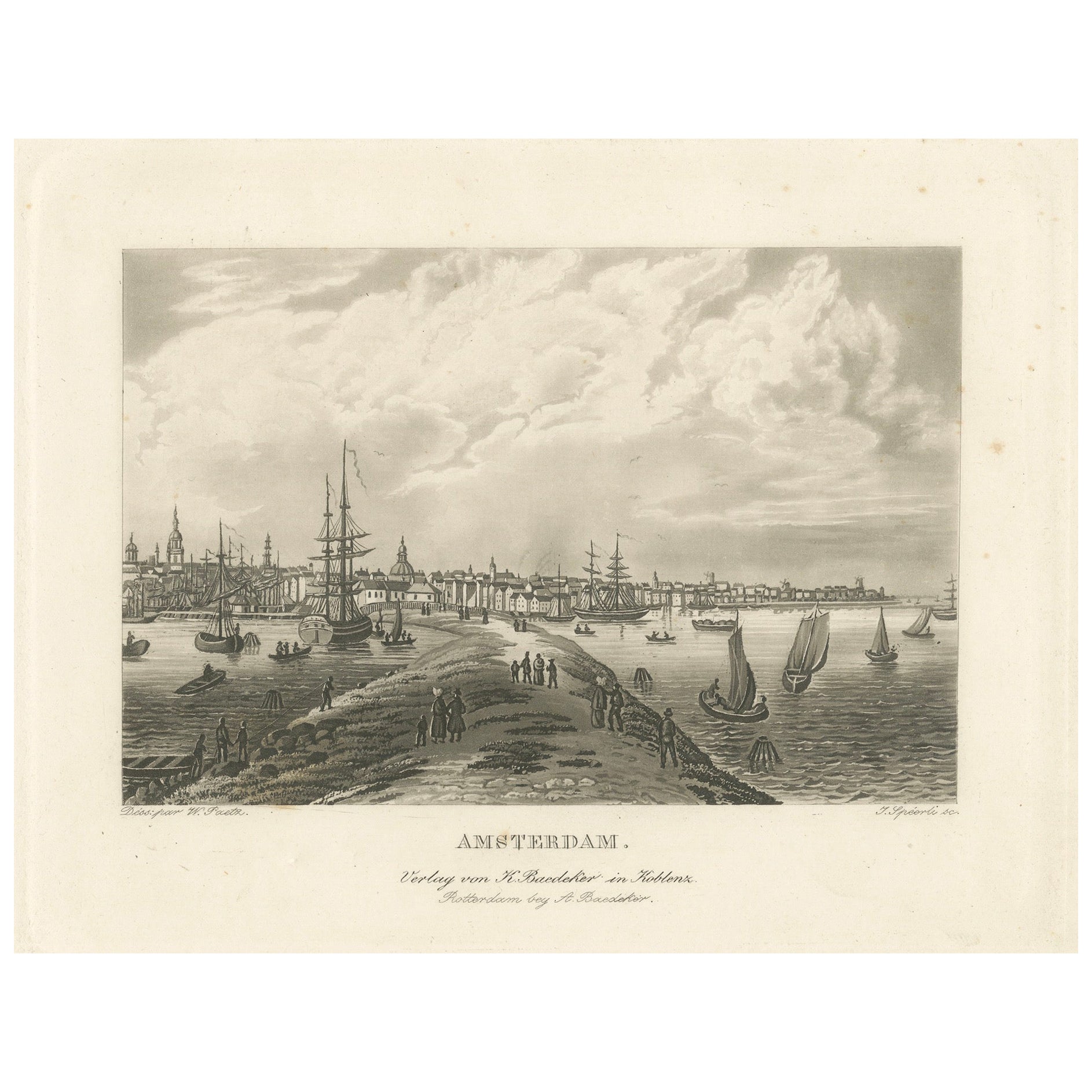 Vue d'Amsterdam depuis l'eau avec des voiliers, Baedeker, vers 1850
