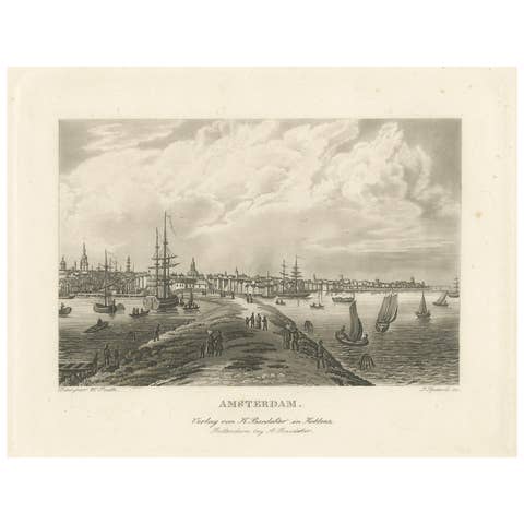 View of Amsterdam from the Water with Sailing Ships, Baedeker, circa 1850