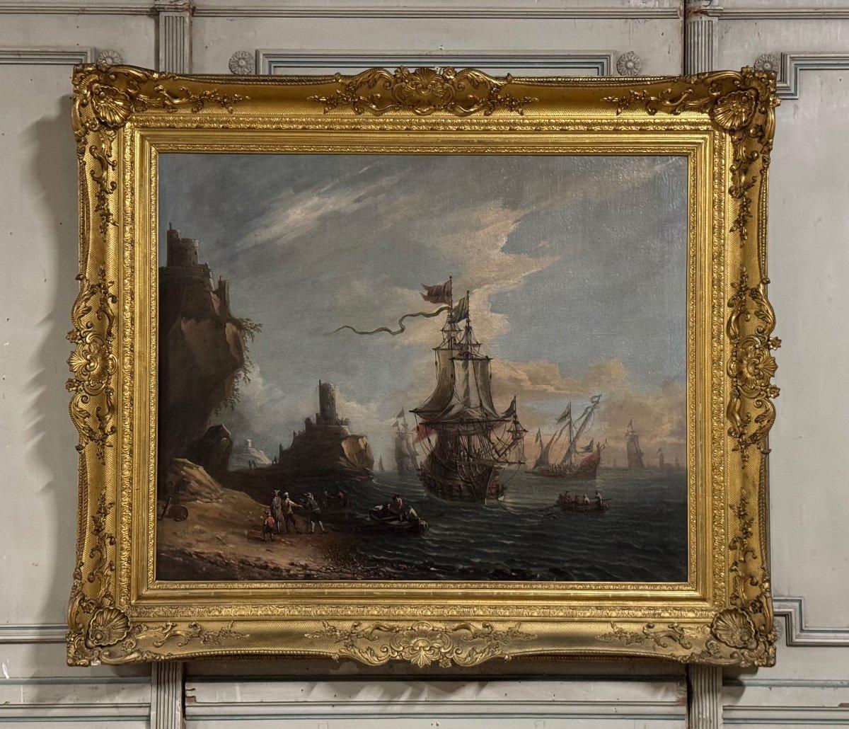 Vue d'un port animé Huile sur toile et cadre, XVIIIe siècle en vente 8