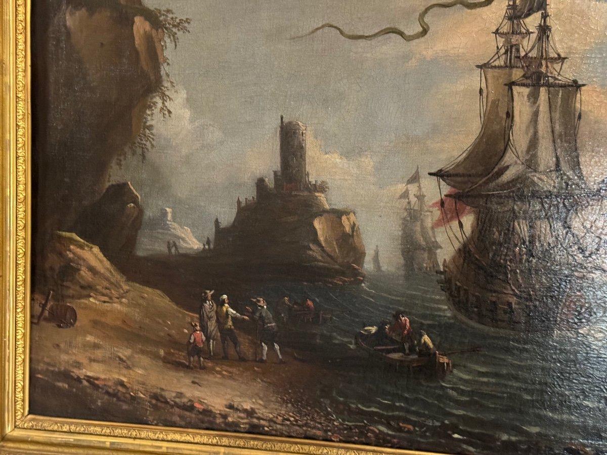 Vue d'un port animé Huile sur toile et cadre, XVIIIe siècle Excellent état - En vente à Honnelles, WHT