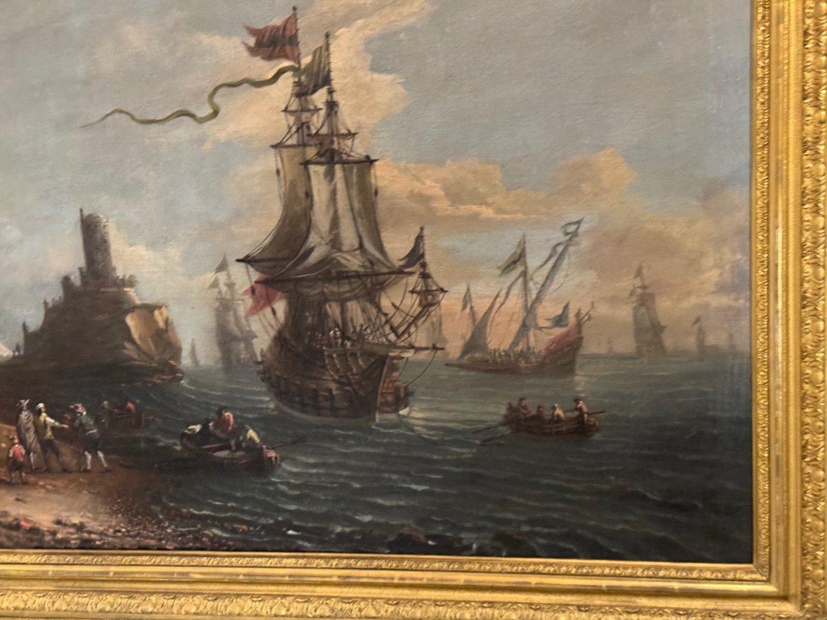 Vue d'un port animé Huile sur toile et cadre, XVIIIe siècle en vente 2