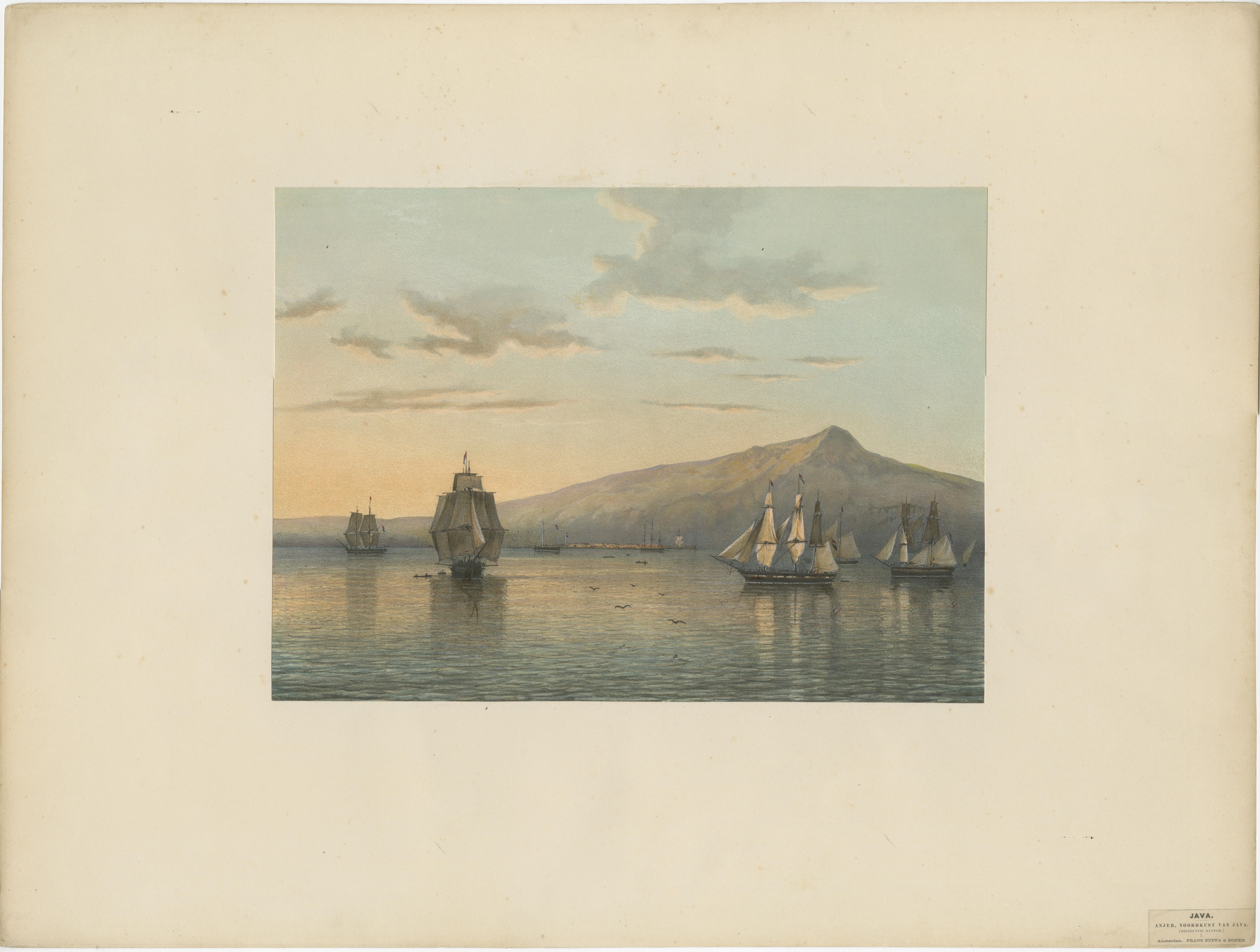 Anjer, Sunda Strait, North Coast of Java – 19th Century Lithograph with Ships at Anchor

This evocative maritime scene, identified as plate 7 from the rare folio 'Java, naar schilderijen en teekeningen van A. Salm', depicts the coastal town of Anjer