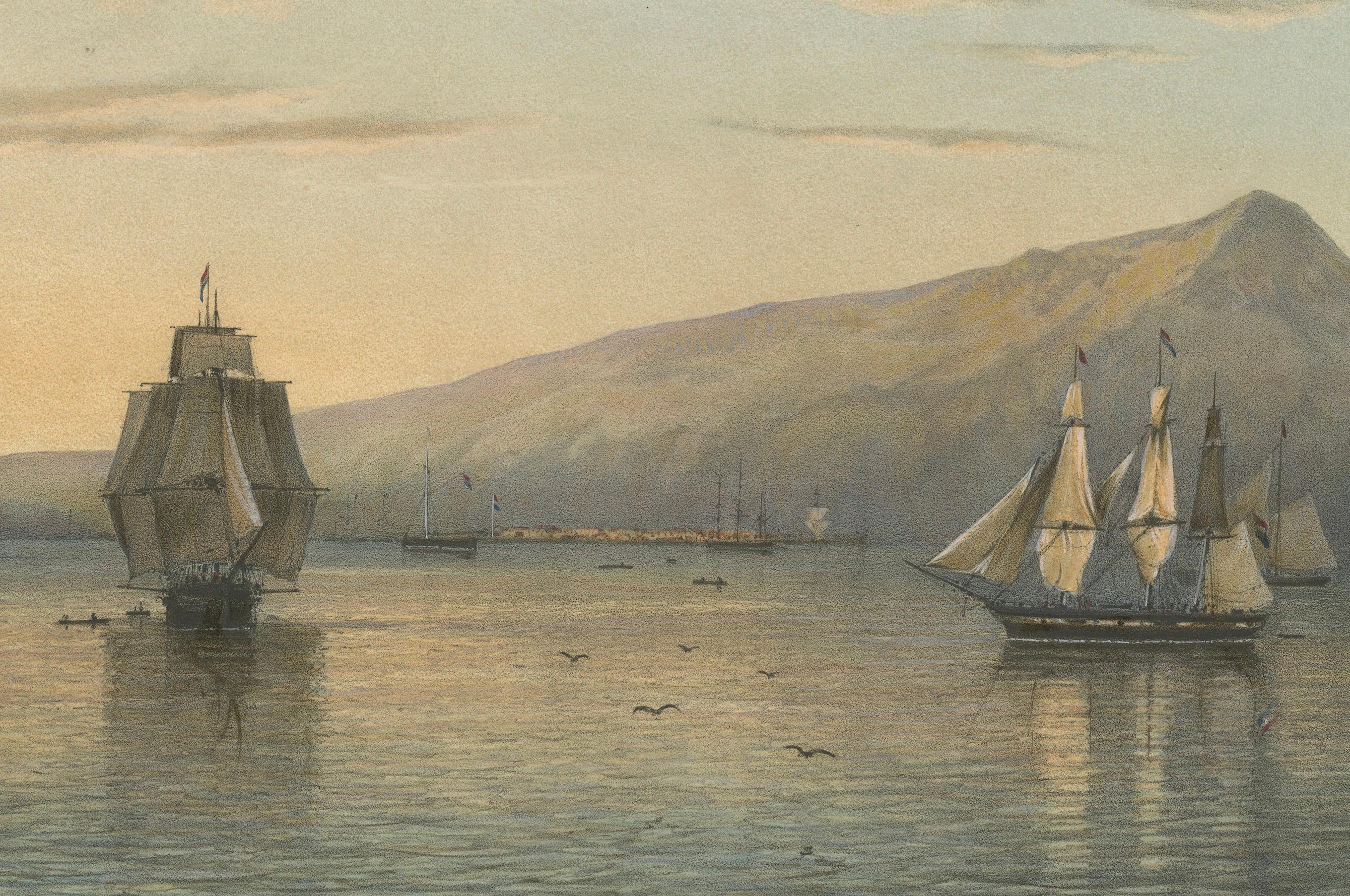 View of Anjer near the Krakatoa Volcano, Sunda Strait – Java Lithograph, 1872 In Good Condition For Sale In Langweer, NL