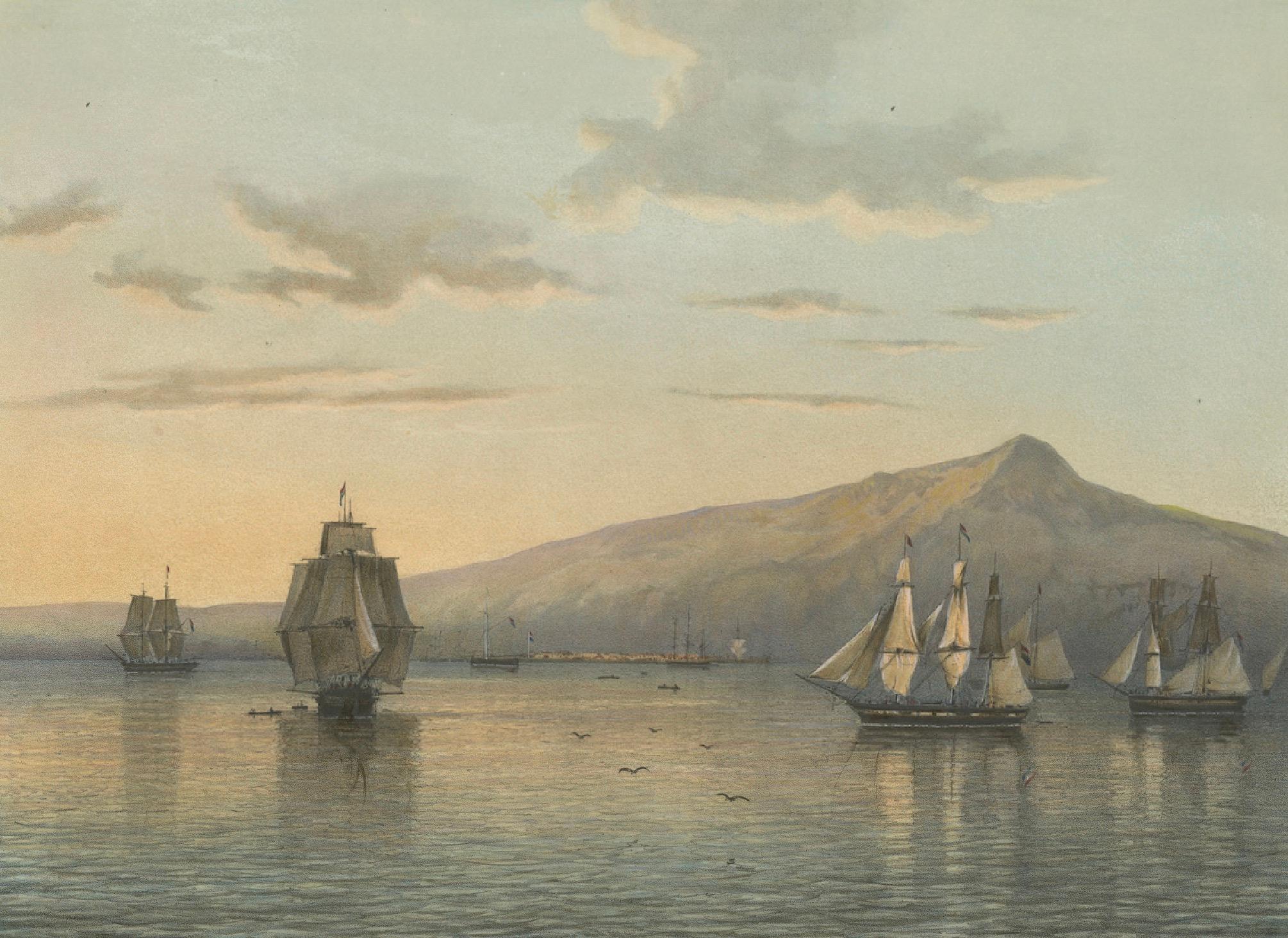 Late 19th Century View of Anjer near the Krakatoa Volcano, Sunda Strait – Java Lithograph, 1872 For Sale