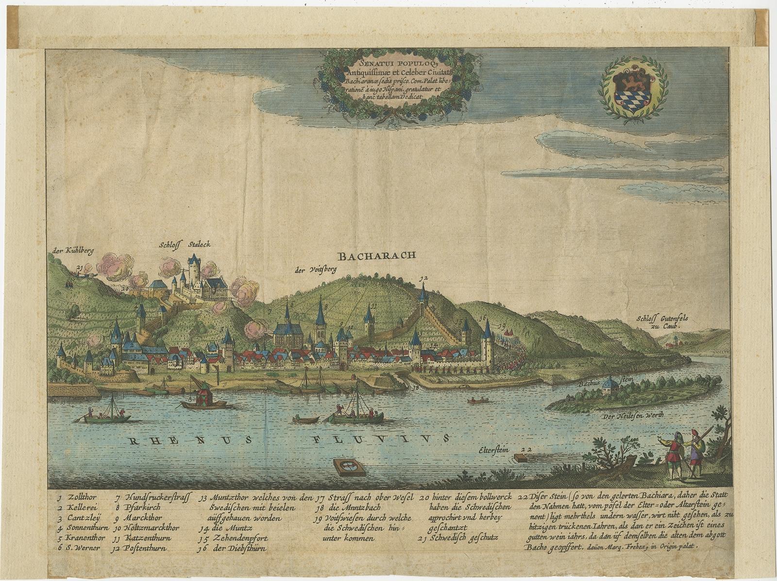 Antique print titled 'Senatui Populoq, Antiquissimae et Celeber Ciuitat, Bachiaranae sedis prisco (..)'. 

View of Bacharach, a town in the Mainz-Bingen district in Rhineland-Palatinate, Germany.

Artists and Engravers: Anonymous. Made after