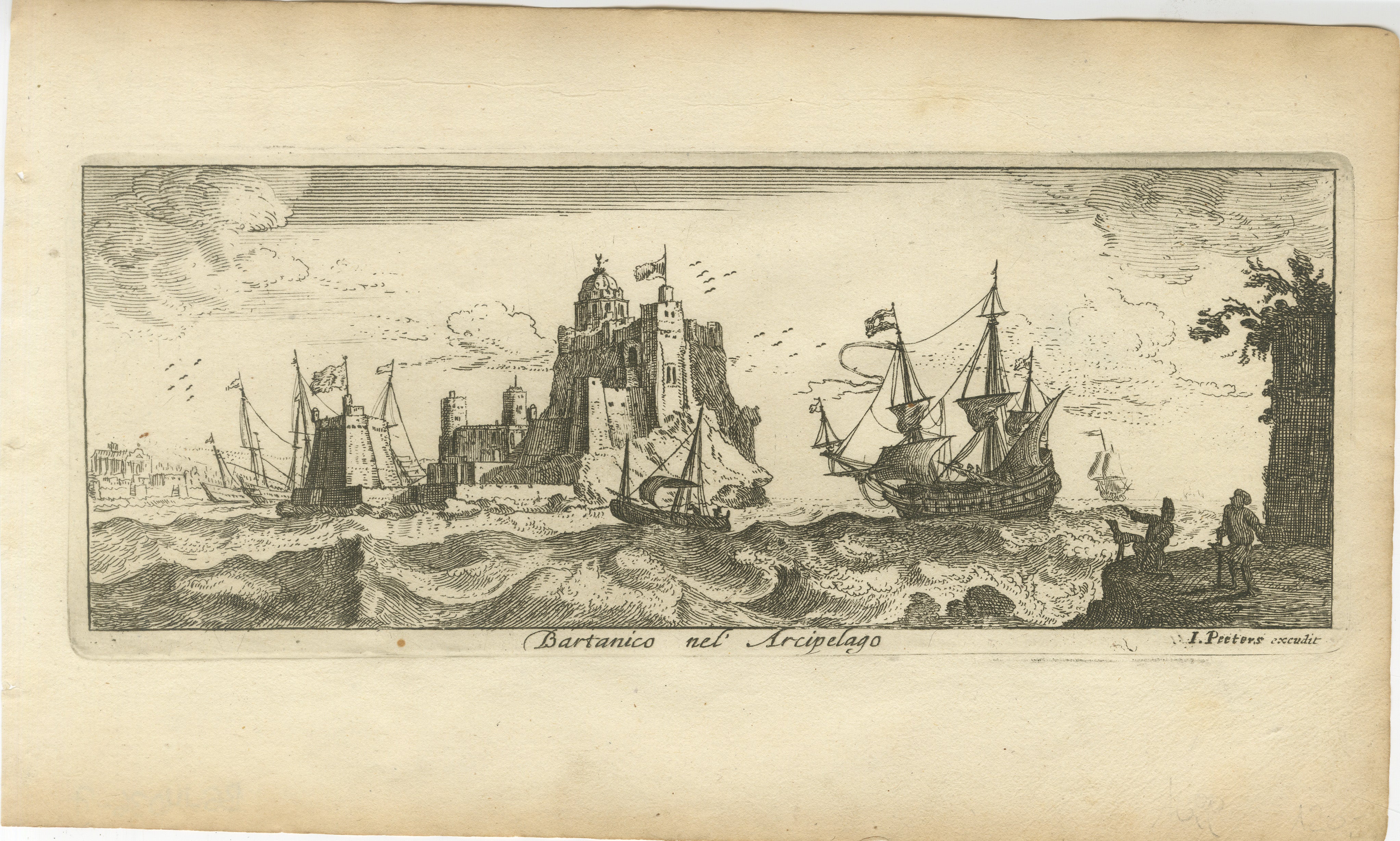 Ansicht von Bartanico auf dem Ägäischen Archipel mit Befestigungen und Schiffen, 1680 (Graviert) im Angebot