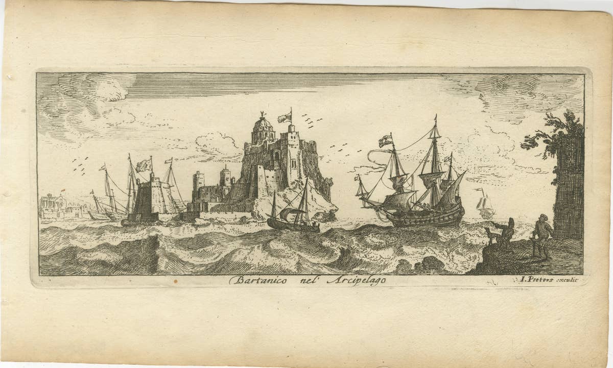 View of Bartanico in the Aegean Archipelago with Fortifications and Ships, 1680
