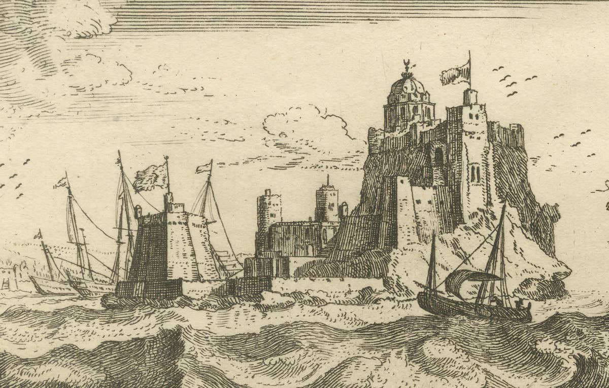 View of Bartanico in the Aegean Archipelago with Fortifications and Ships, 1680