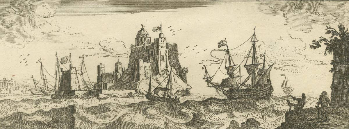 View of Bartanico in the Aegean Archipelago with Fortifications and Ships, 1680