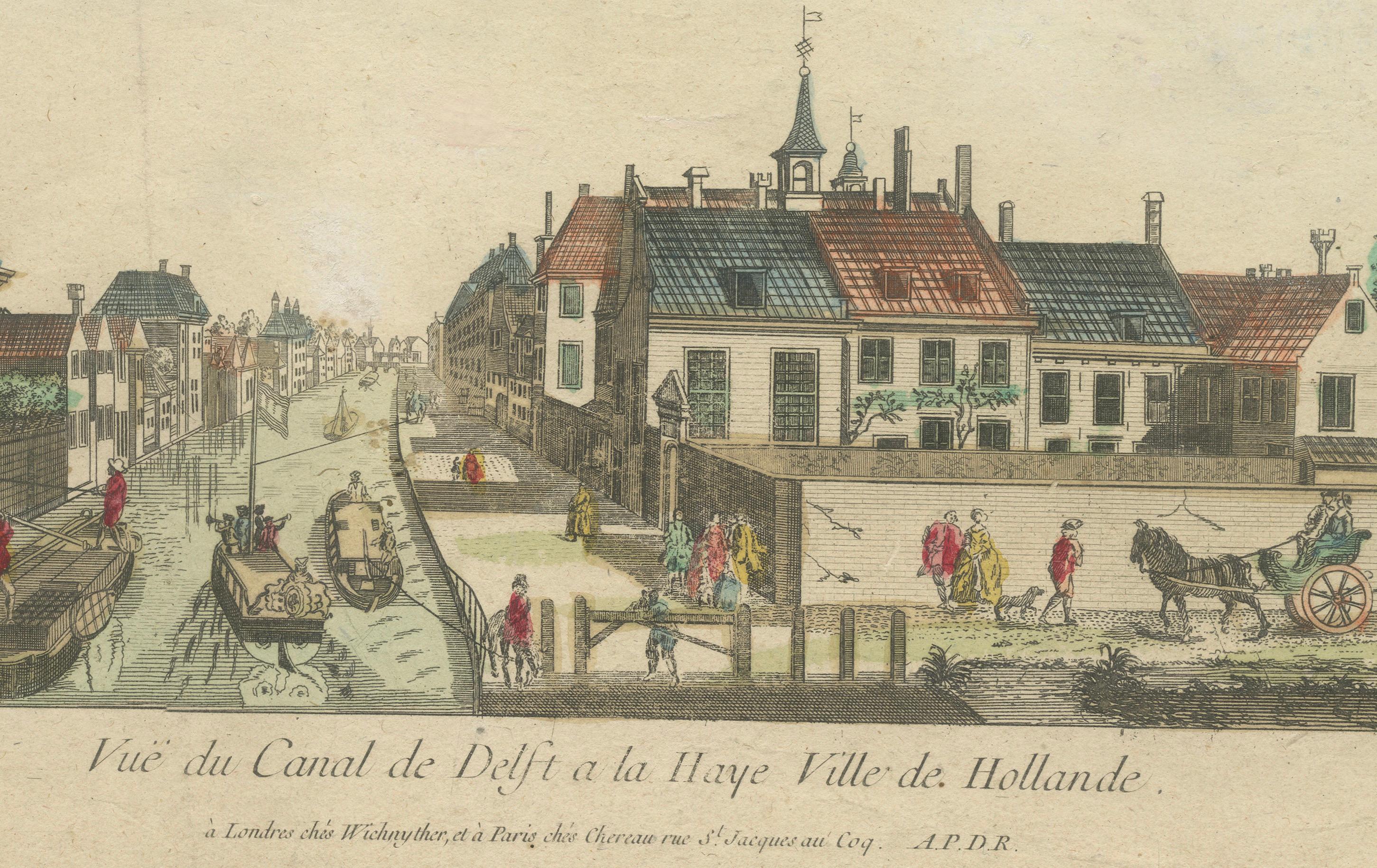 View of Delft Canal to The Hague – Hand-Colored Optical Print, Paris, c.1760

This charming hand-colored optical print titled “Vue du Canal de Delft à la Haye Ville de Hollande” depicts a lively 18th-century Dutch canal scene connecting Delft and